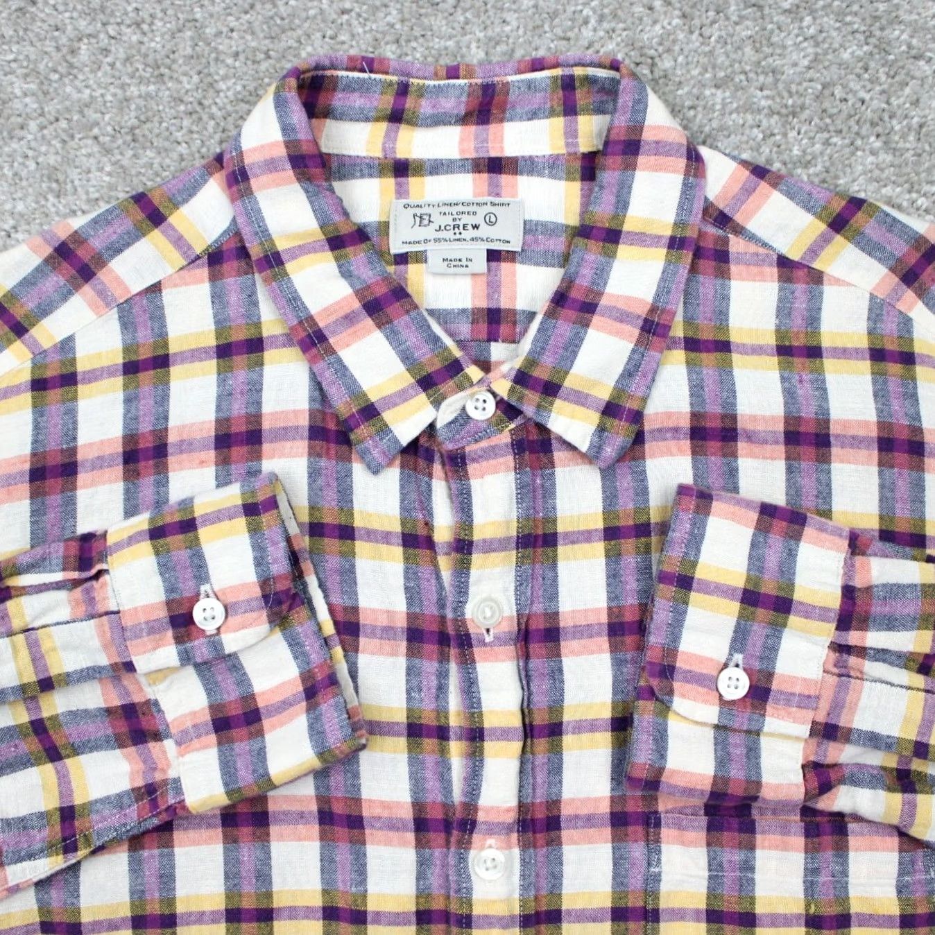 J.Crew J.CREW Button-Up Shirt Mens Large Pink/Purple/Yellow/White Plaid Linen/Cotton Blend L/S Button-Up Shirt Size US L / EU 52-54 / 3 - 2 Thumbnail