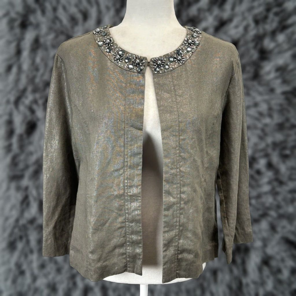 Vintage Chicos Beaded Linen Jacket Gray Medium Womens Size XS / US 0-2 / IT 36-38 - 1 Thumbnail