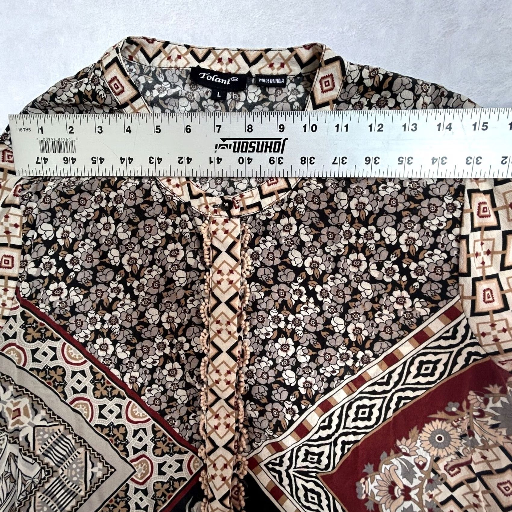 IOLANI Tolani Womens Silk Shirt Top Large Brown Black Casual Long-Sleeve Mixed Print Size L / US 10 / IT 46 - 6 Thumbnail