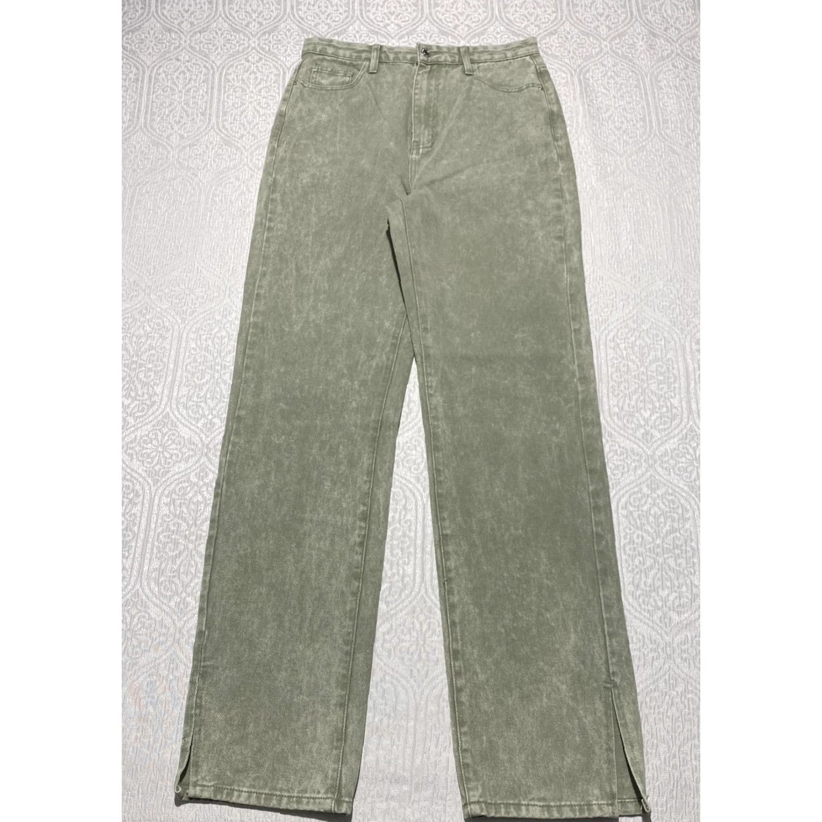 PrettyLittleThing PrettyLittleThing Jeans Womens US 8 Tall Green Straight Leg Denim 5-Pocket Split Hem Size 30" / US 8 / IT 44 - 2 Thumbnail