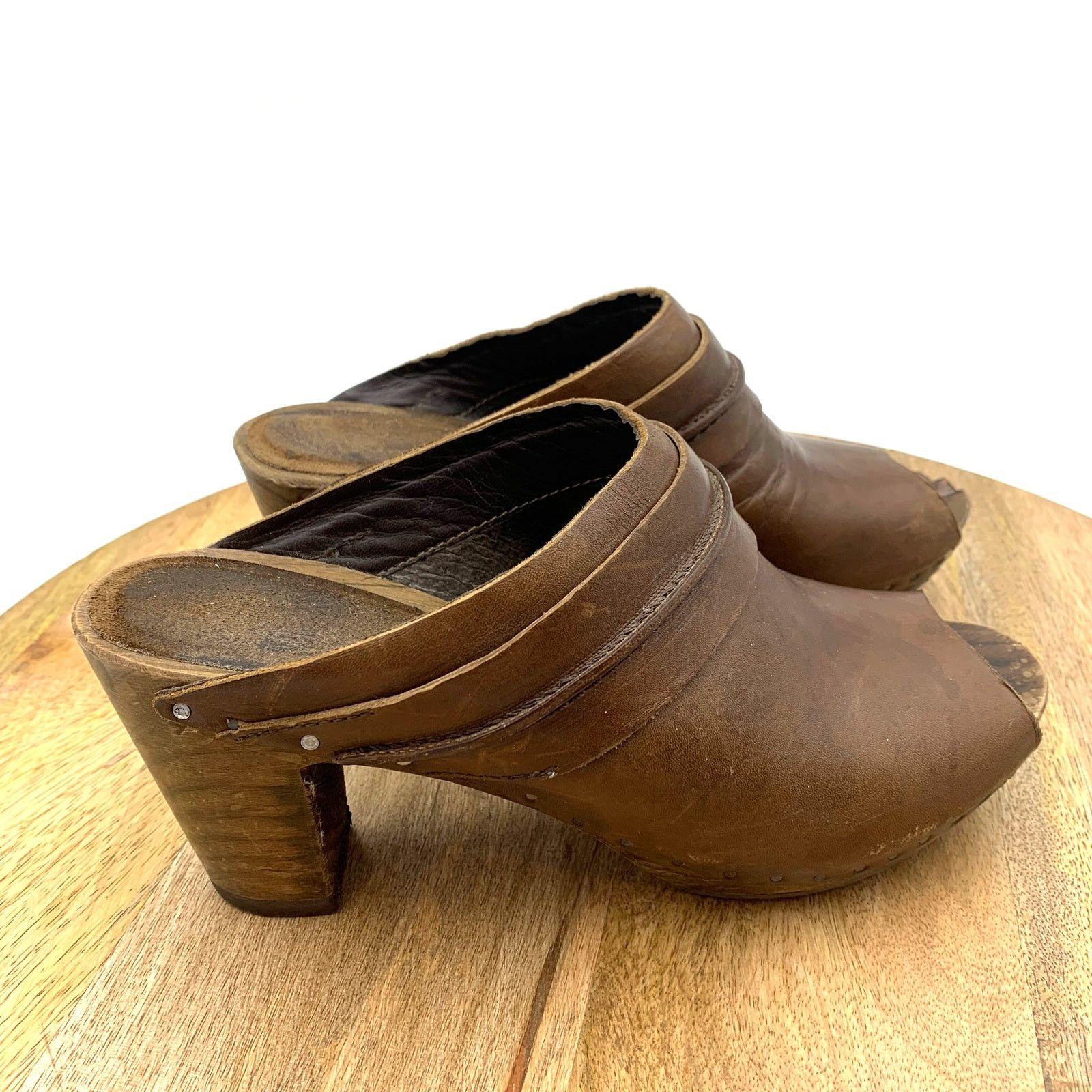 Other Vialis Wooden Peep Toe Mules Clogs Leather Brown Size US 8 / IT 38 - 1 Thumbnail
