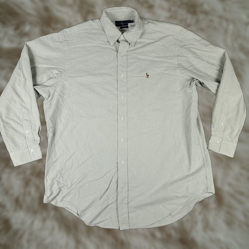 Ralph Lauren Ralph Lauren Dress Shirt Men 17 Green Striped Pony Button-Down Long Sleeve Regular Fit Adult Size 17 Cuffed Barrel Mens Size 46R - 1 Thumbnail