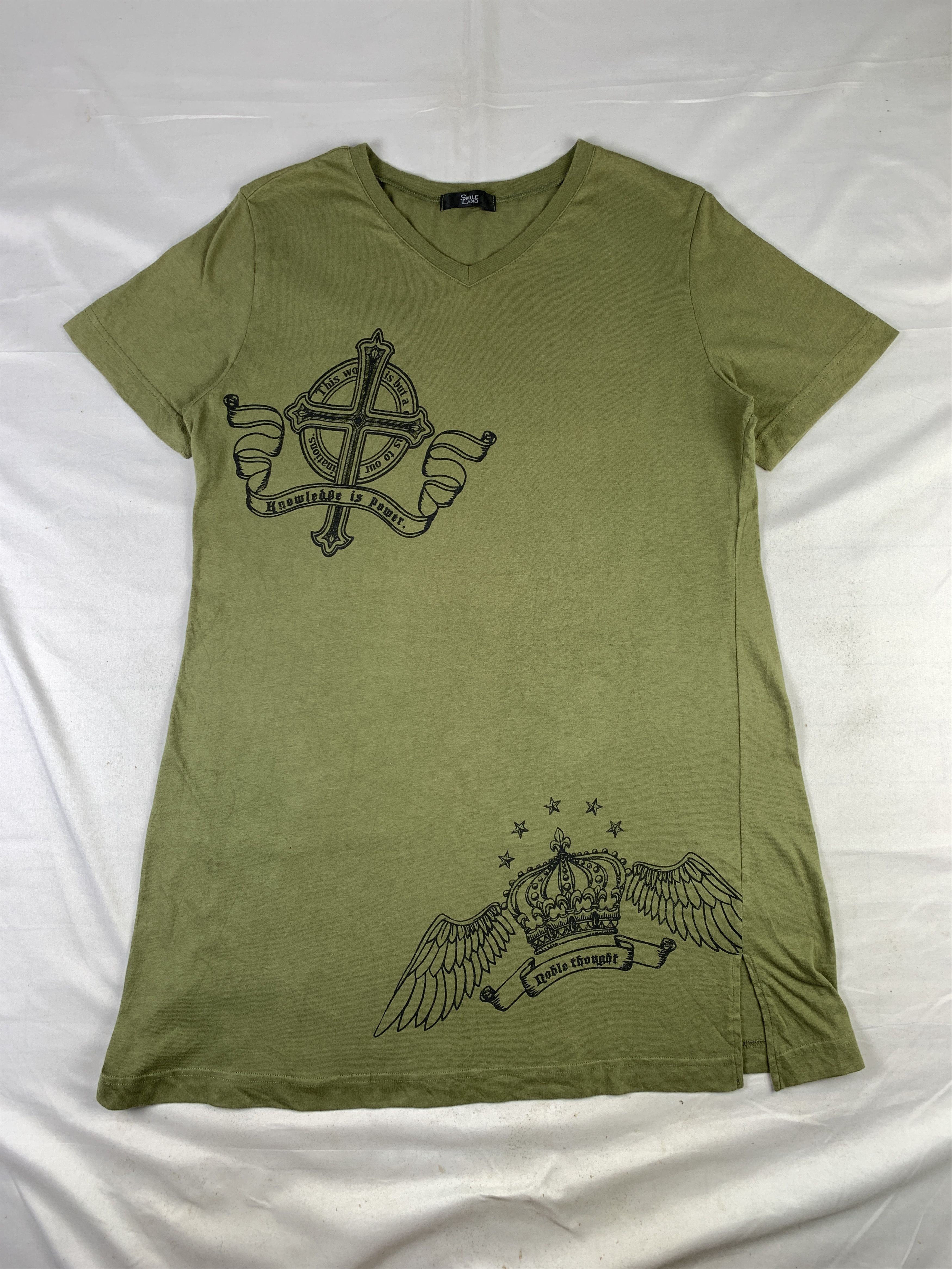 Japanese Brand SMILE LAND Olive Green Crodd Crown Dressy Tee (L) Size L / US 10 / IT 46 - 1 Thumbnail