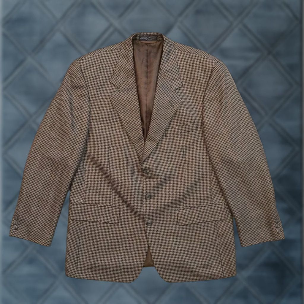 Vintage Stuart Hughes Blazer Mens 42R Brown Black Houndstooth Window Poly Wool Blend Jacket Coat Single-Breasted Three-Button Notch Lapel Mens 2 Piece Brown Size 42R - 1 Thumbnail