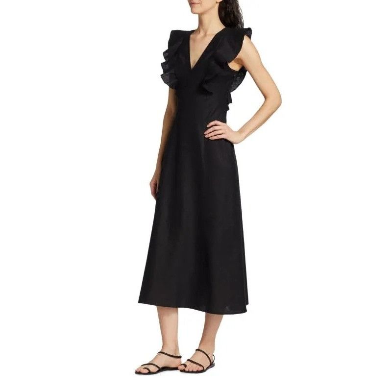 Rails Rails Constance Linen Midi Dress Black Ruffled V-Neck Back T Size M / US 6-8 / IT 42-44 - 2 Thumbnail