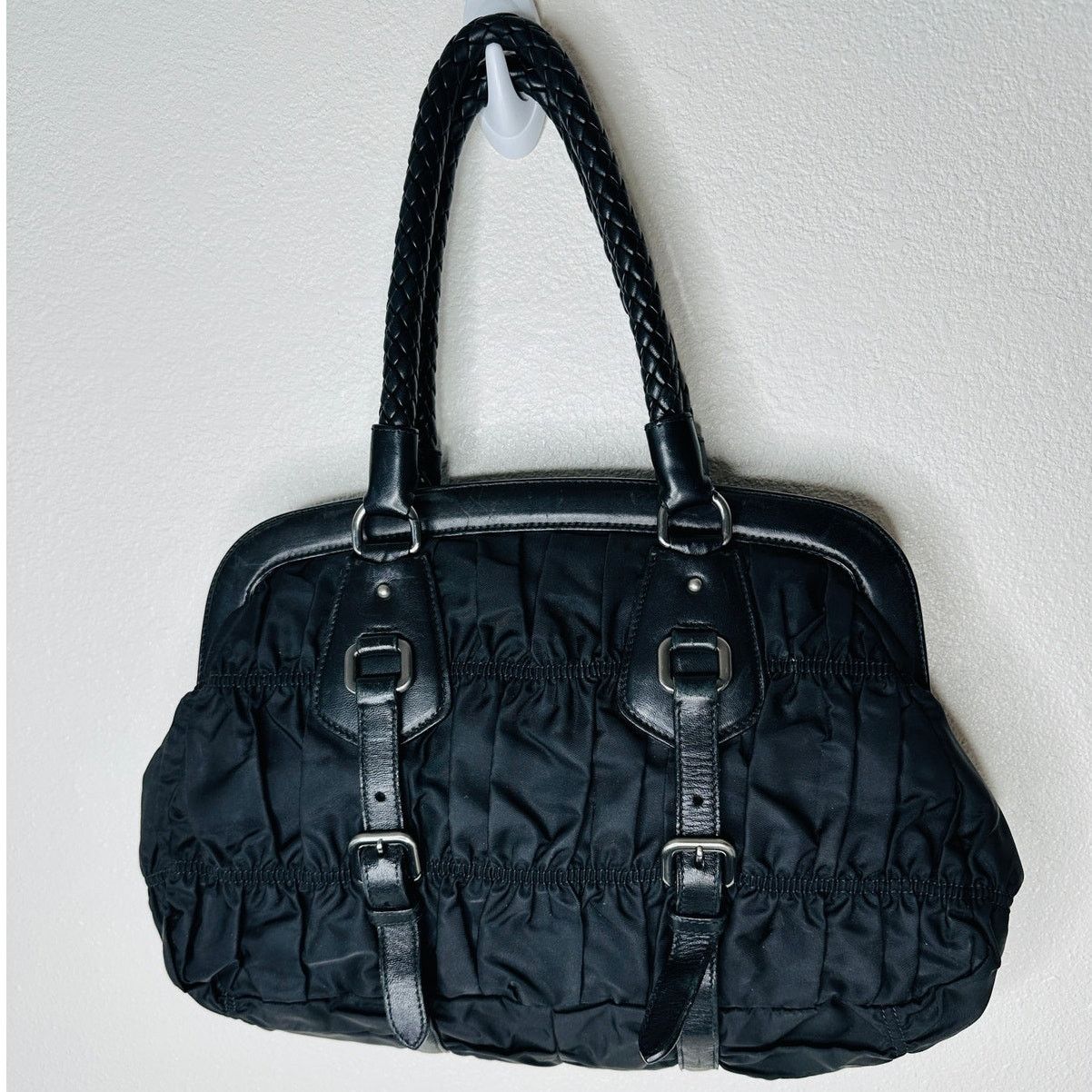 Prada Prada Vintage 90s Black Nylon Leather Buckle Braided Handle Size ONE SIZE - 4 Thumbnail