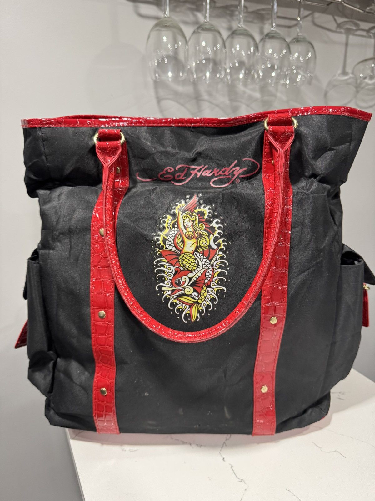 Ed Hardy Ed Hardy Mermaid Tattoo Tote Bag Black Red Y2K 2000s Size ONE SIZE - 4 Thumbnail