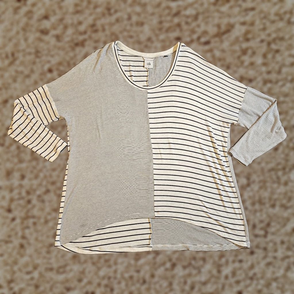 Vintage CAbi Top Shirt Womens Large White Black Striped Stretch Long Sleeve Boxy Casual Size L / US 10 / IT 46 - 1 Thumbnail