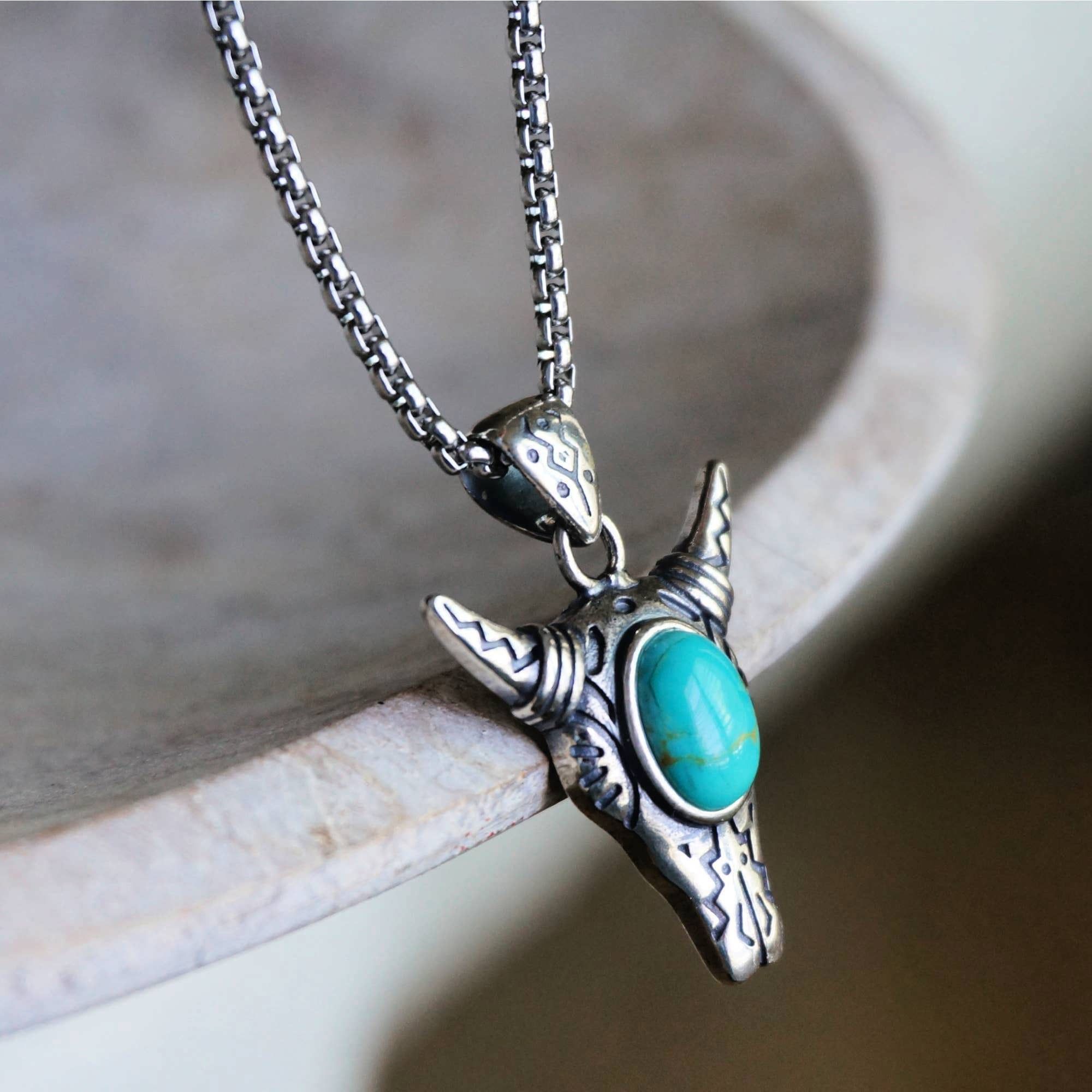 Other Boho Turquoise-Embellished Cow Skull Chain Necklace: 18" Ste Size ONE SIZE - 6 Thumbnail