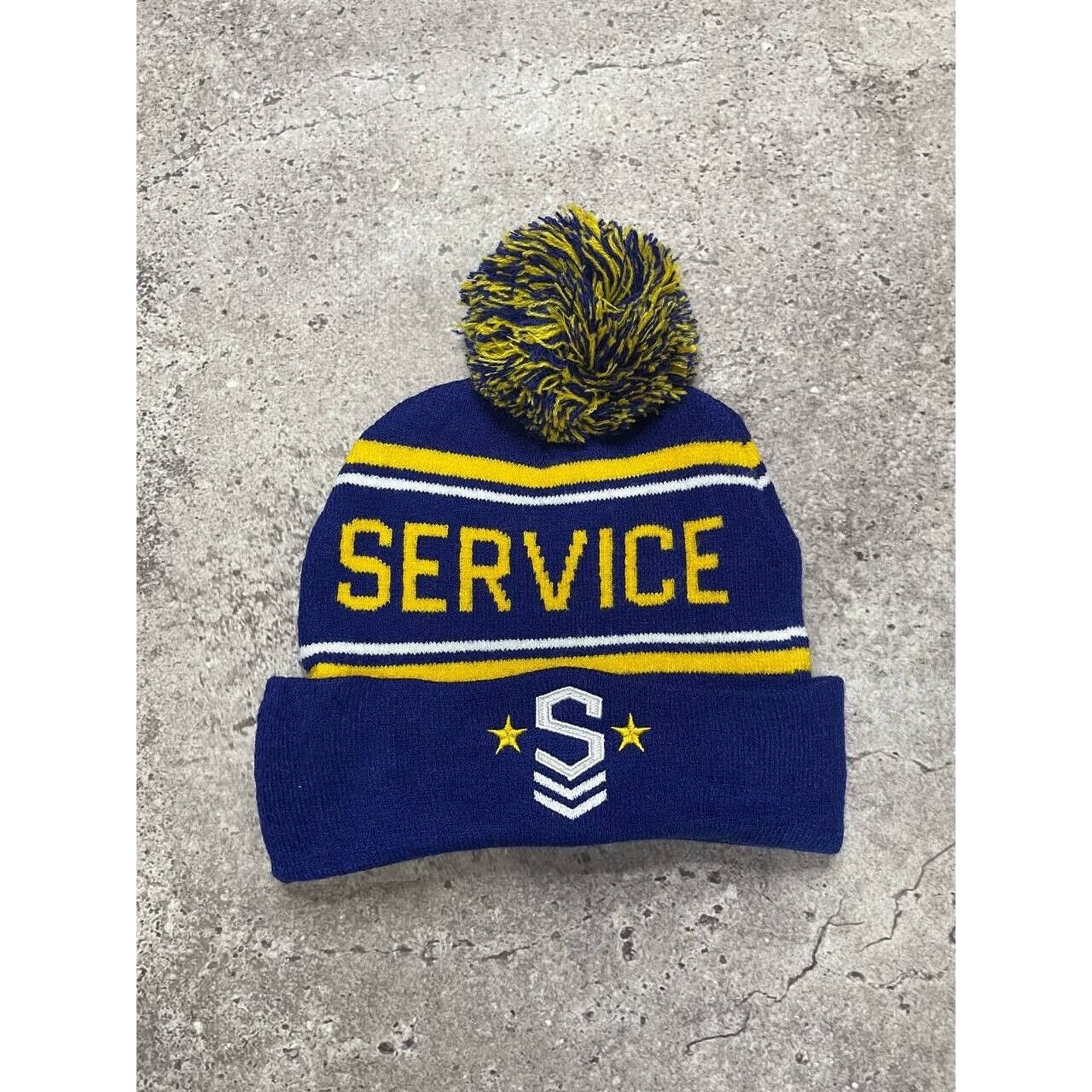 Vintage Vintage Blue & Yellow “SERVICE” Beanie Pom Hat Acrylic Blend Size ONE SIZE - 1 Thumbnail