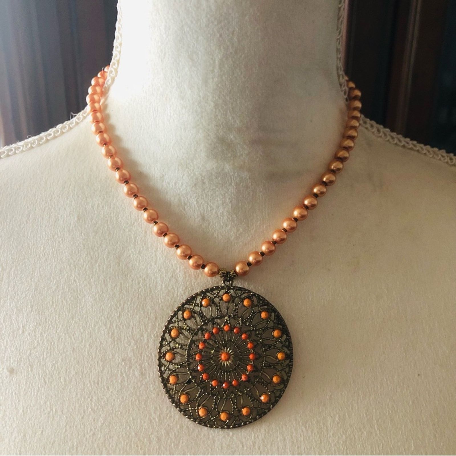Handmade Handcrafted repurpose coral filigree stone Pearl necklace Size ONE SIZE - 3 Thumbnail