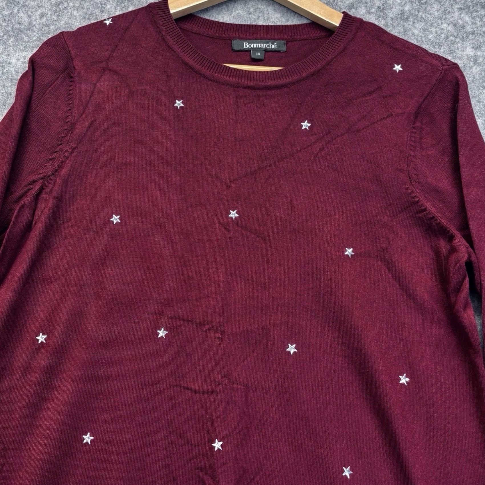 Vintage Bonmarche UK14 Burgundy Crew Neck Pullover Metal Star Design - Womens Regular Jumper Size XL / US 12-14 / IT 48-50 - 3 Thumbnail