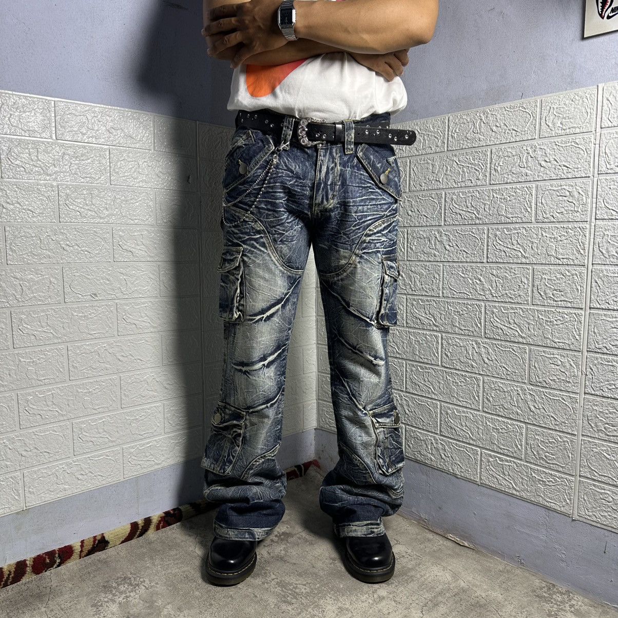 Japanese Brand Lowbox Distressed Flare Cargo Jeans Size US 31 - 3 Thumbnail