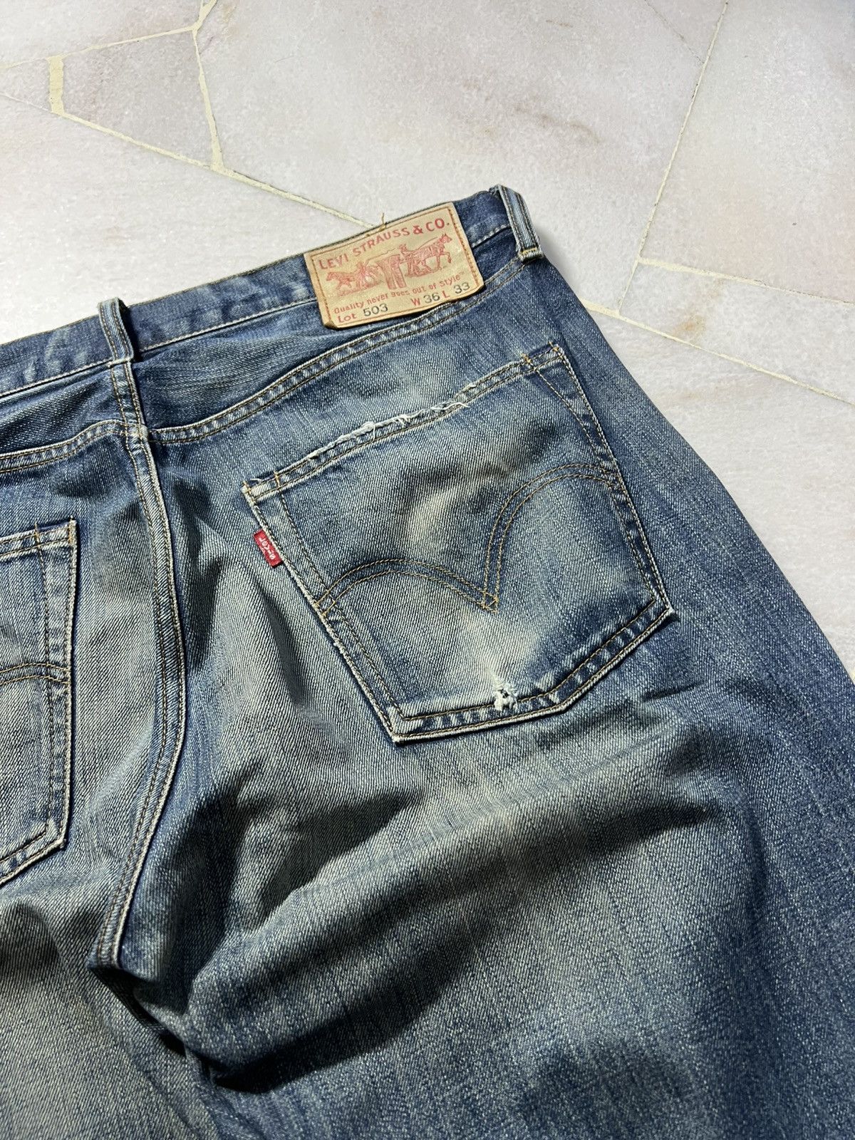 Levi's × Levi's Vintage Clothing 💥Baggy💥Vintage 90’s -00’ Levis 503 Mud Wash Distress Jeans Size US 35 - 13 Thumbnail
