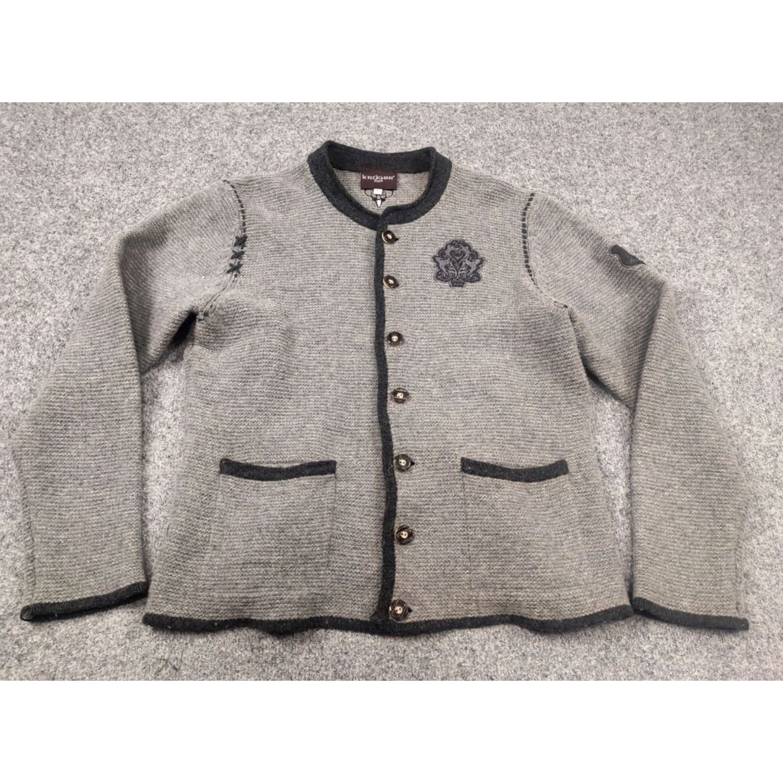 Logo 7 VINTAGE Krüger Dirndl Cardigan Wool Gray with Pockets Logo Men L Knit 90s Designer Size US L / EU 52-54 / 3 - 4 Thumbnail