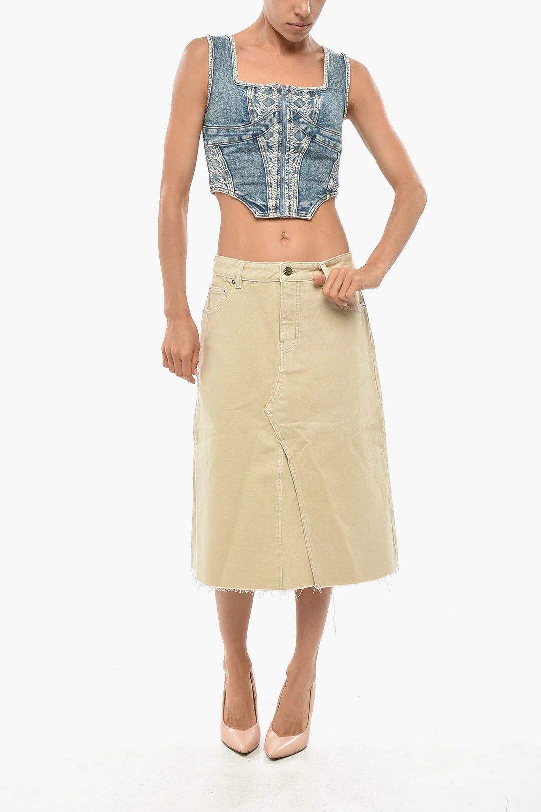 Tory Burch og1mm0426 Denim Midi Skirt in Beige Size 28" / US 6 / IT 42 - 4 Thumbnail