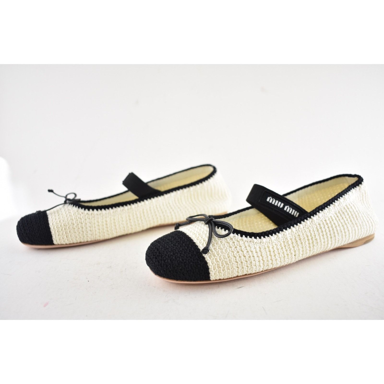 Miu Miu Miu Miu Crochet Knit Black White Bicolor Logo Strap Ballet Size US 12 / IT 42 - 18 Thumbnail