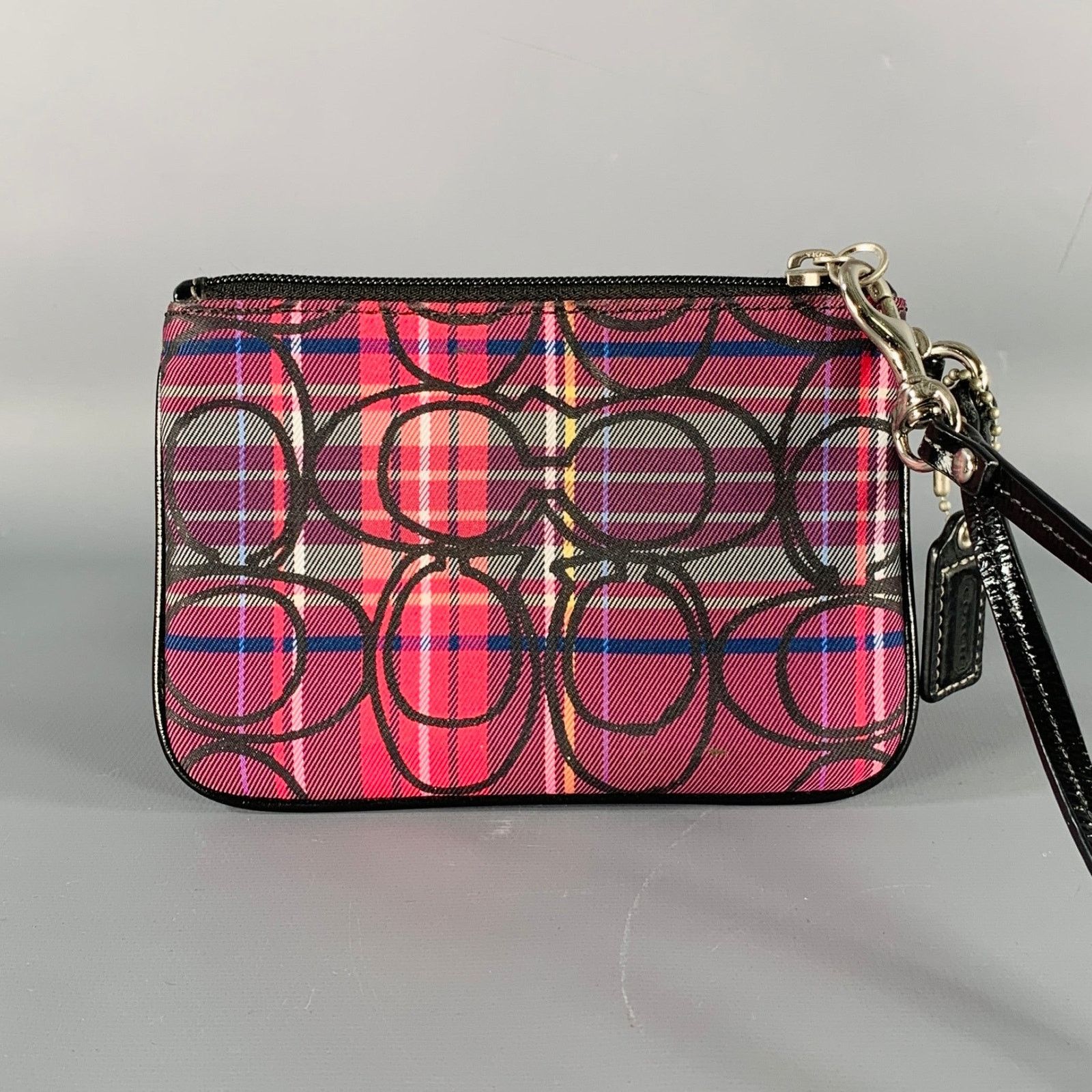 Coach Burgundy Black Plaid Patent Leather Fabric Wristlet in Red, Women's