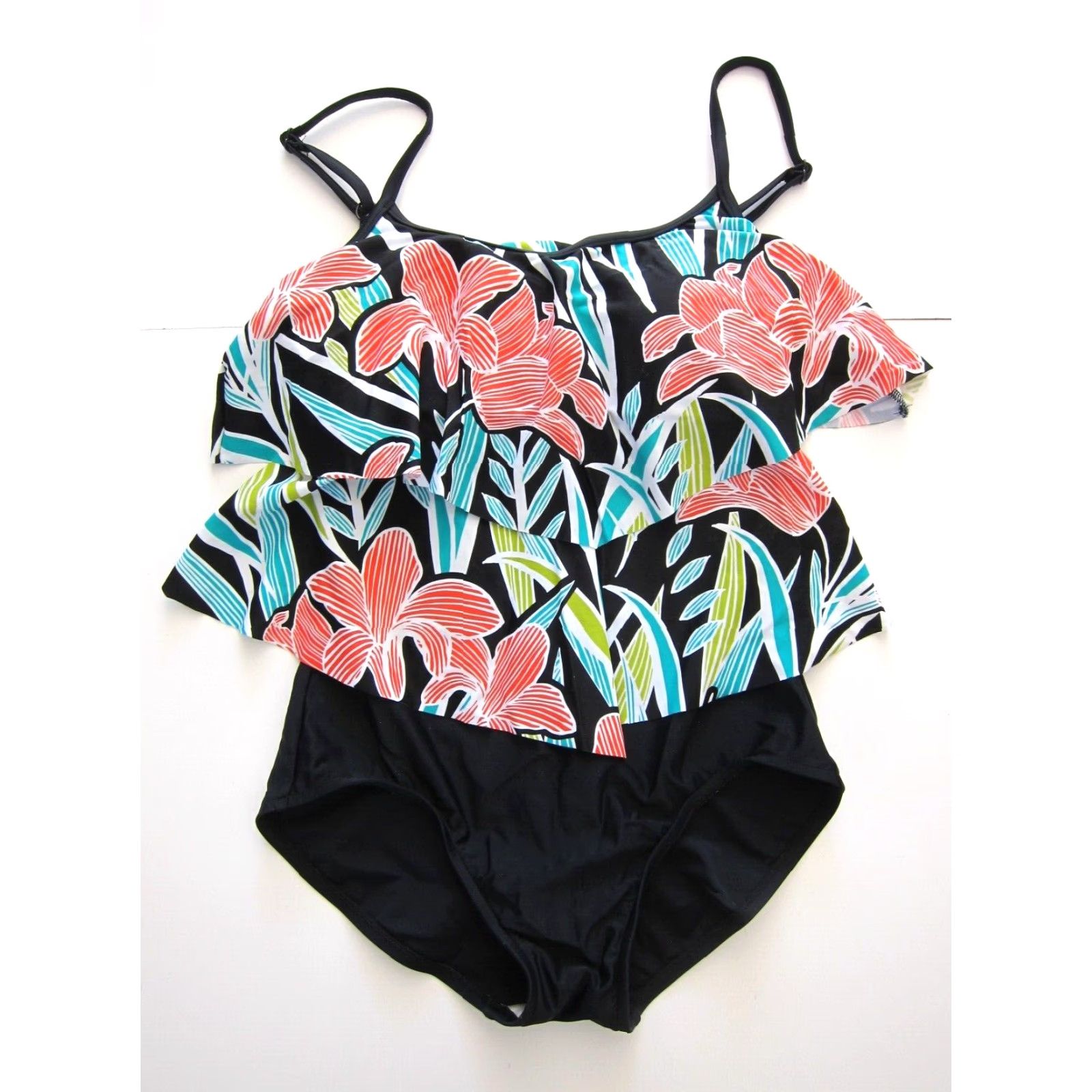 Vintage VINTAGE Rose Marie Reid Black Green Red Floral Slim Built In Bra One Piece Swimsuit 10 Size ONE SIZE - 2 Thumbnail