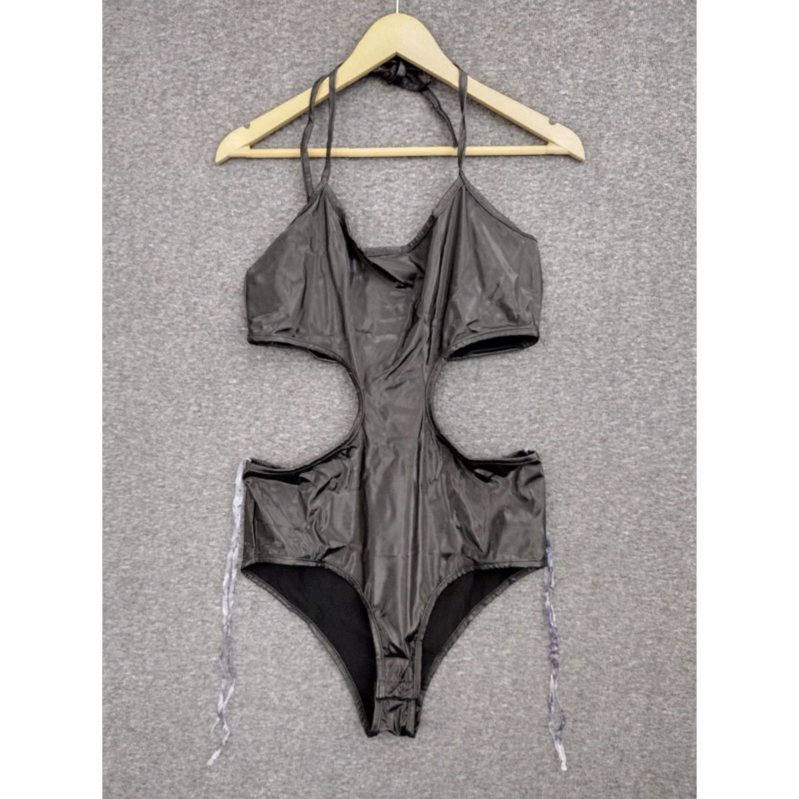 Vintage Codigo Women's One Piece Black Faux Leather Cut Out Sides Swimsuit Size L Size ONE SIZE - 2 Thumbnail