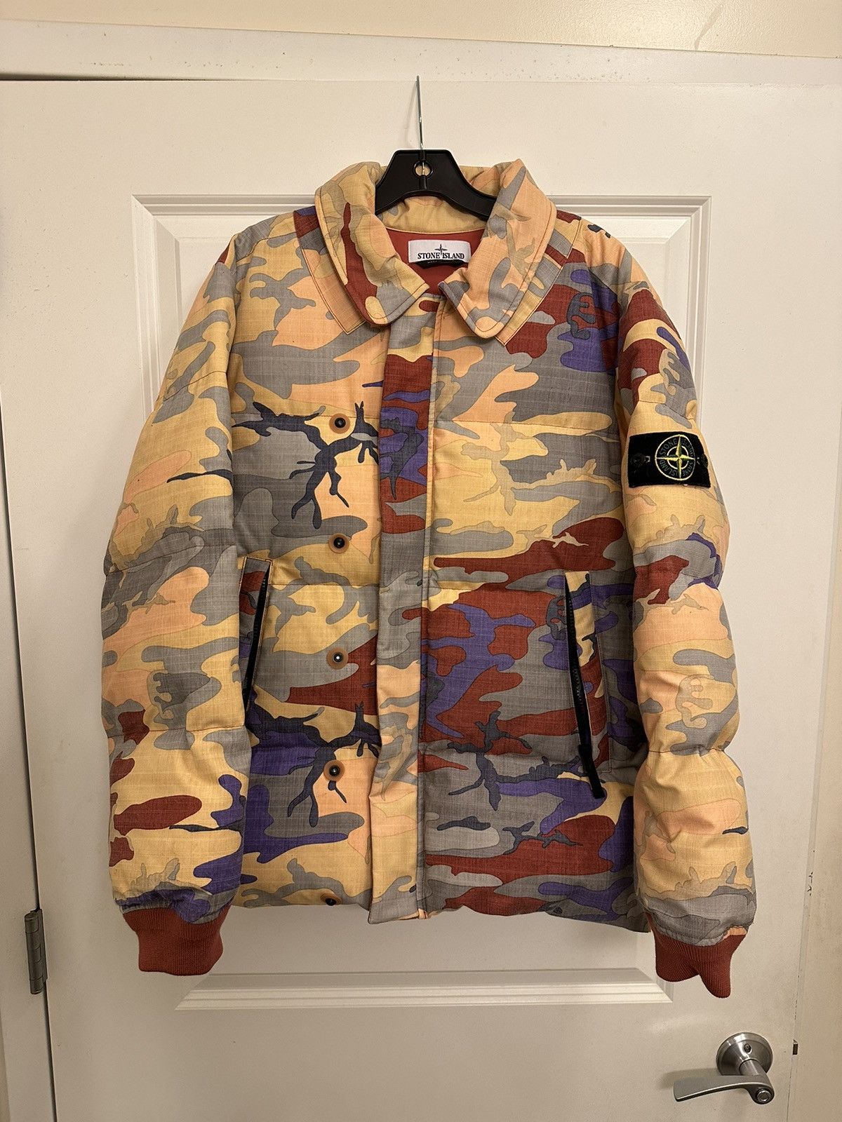 image of Stone Island Heritage Camo Ripstop Nylon Down Jacket in Yellow Camo, Men's (Size Medium)