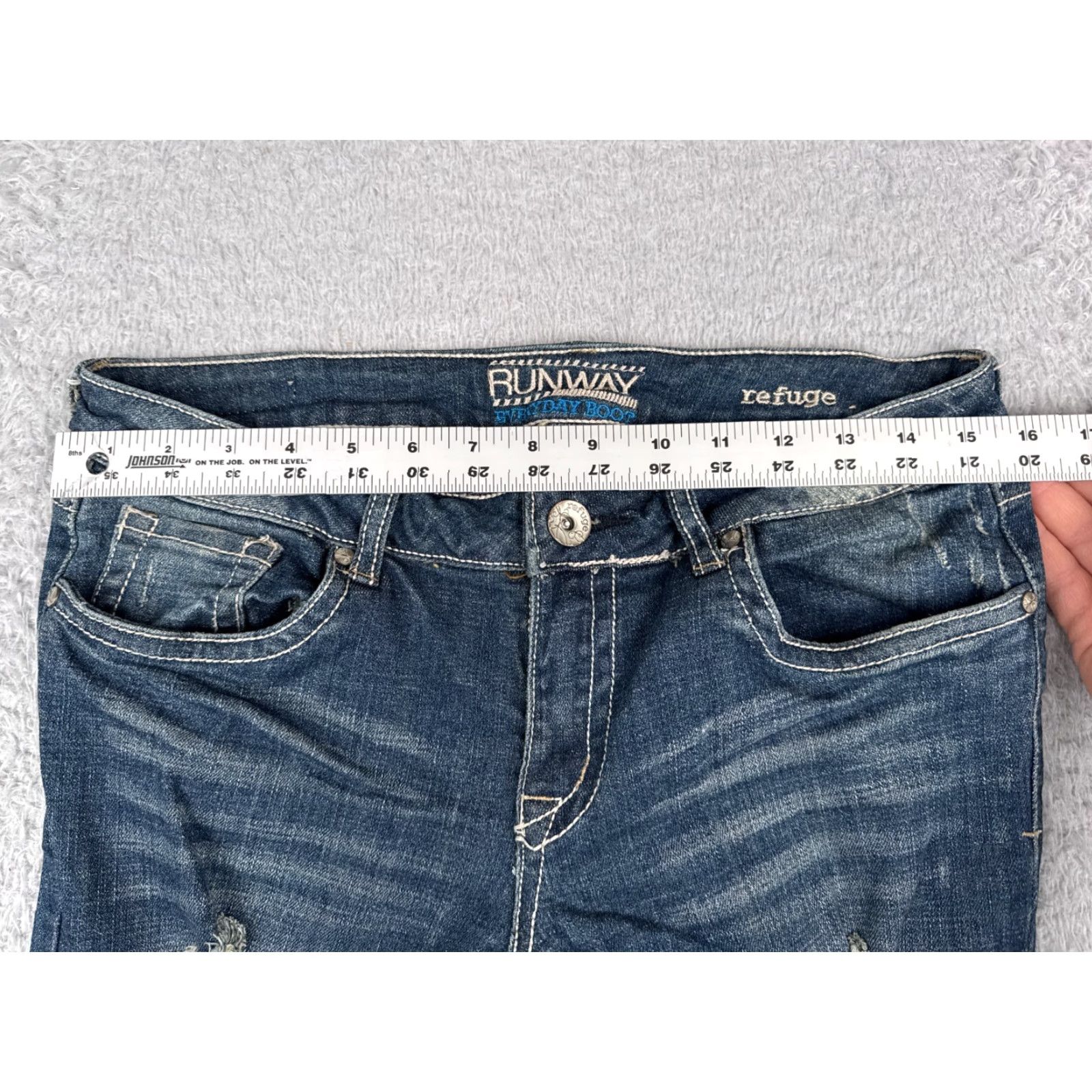 Vintage Refuge Jeans Women Bootcut Jeans 10 Blue Denim Distressed Stretch 31x28 Regular 5-Pocket Solid Cotton Blend Blue Womens Jeans Size 32" / US 10 / IT 46 - 5 Thumbnail