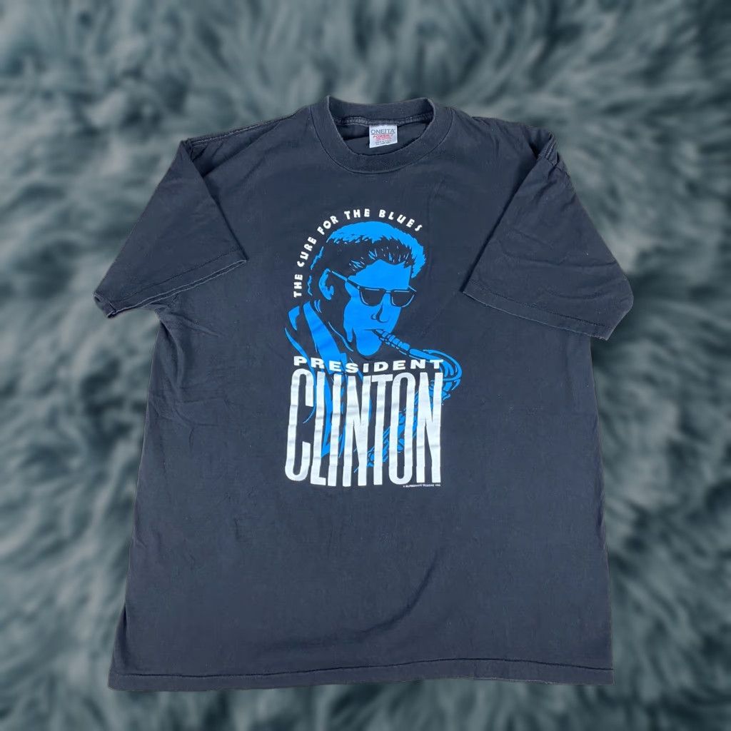 Vintage VINTAGE The Cure For The Blue President Bill Clinton saxaphone T Shirt XL 1992 Black Mens Size US XL / EU 56 / 4 - 1 Thumbnail