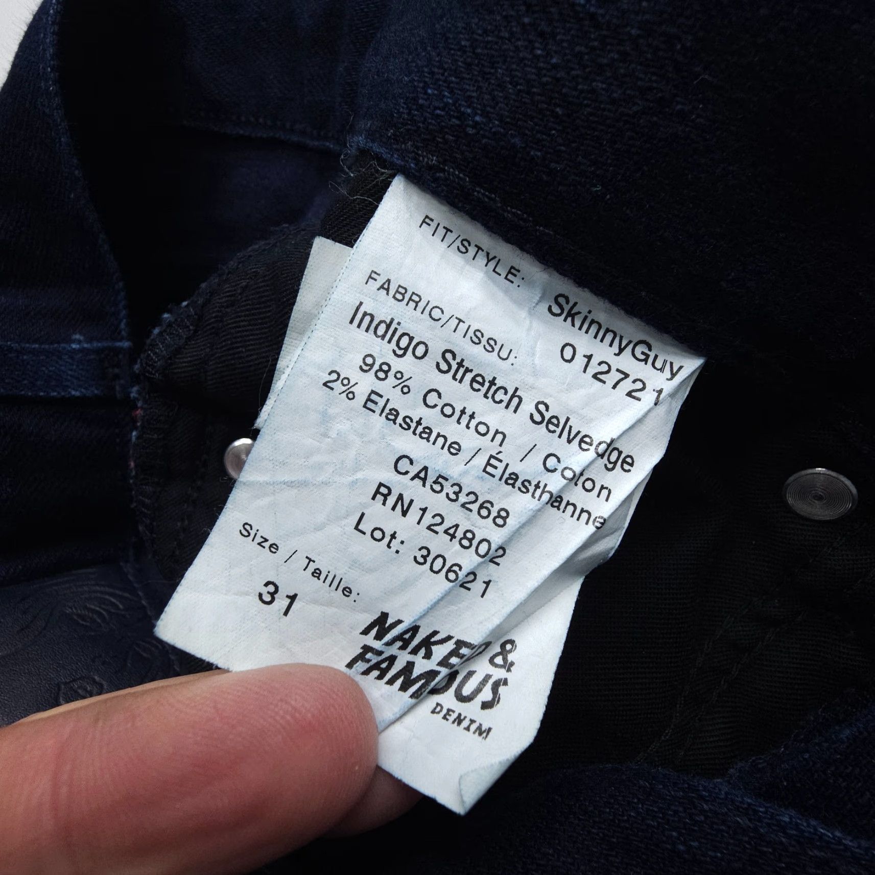 Vintage Naked & Famous Denim Skinny Jeans Indigo Stretch Selvedge Mens 31 x 28 Dark Wash Regular 5-Pocket Denim Cotton Blend Blue Jeans Mens Size US 31 - 5 Thumbnail