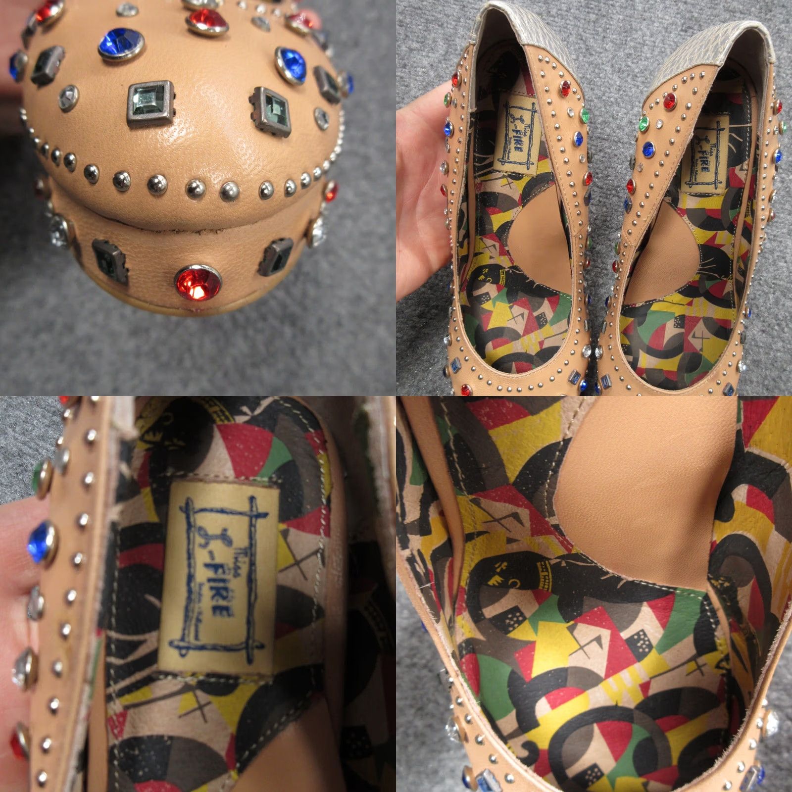 Vintage Miss L'Fire Showgirl Sandal Womens 9 Beige Leather Studded Rhinestone Slip-On Block Heel Shoes 40 Size US 9 / IT 39 - 10 Thumbnail