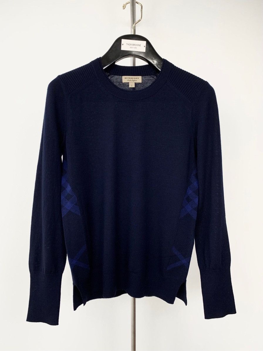 Burberry Burberry Bbr navy blue wool side plaid patchwork sweater Size S / US 4 / IT 40 - 1 Thumbnail