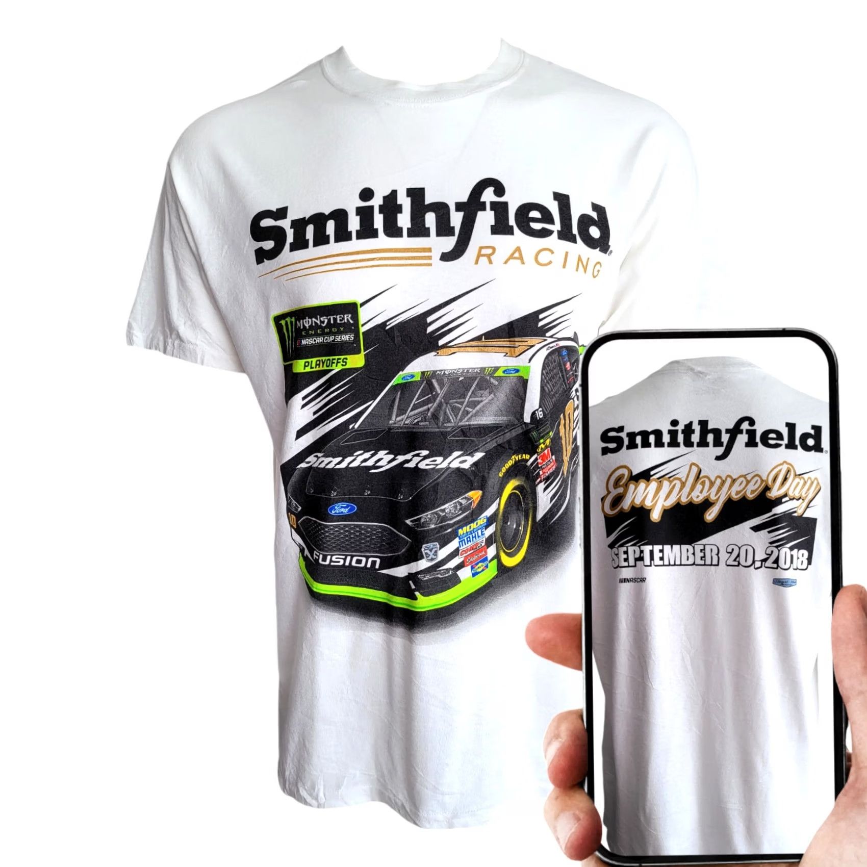NASCAR VINTAGE Smithfield Racing NASCAR Employee Day T-Shirt 2018 Stewart-Haas Racing 100% Cotton White Large (L) Short Sleeve Crew Neck Mens Size US L / EU 52-54 / 3 - 2 Thumbnail