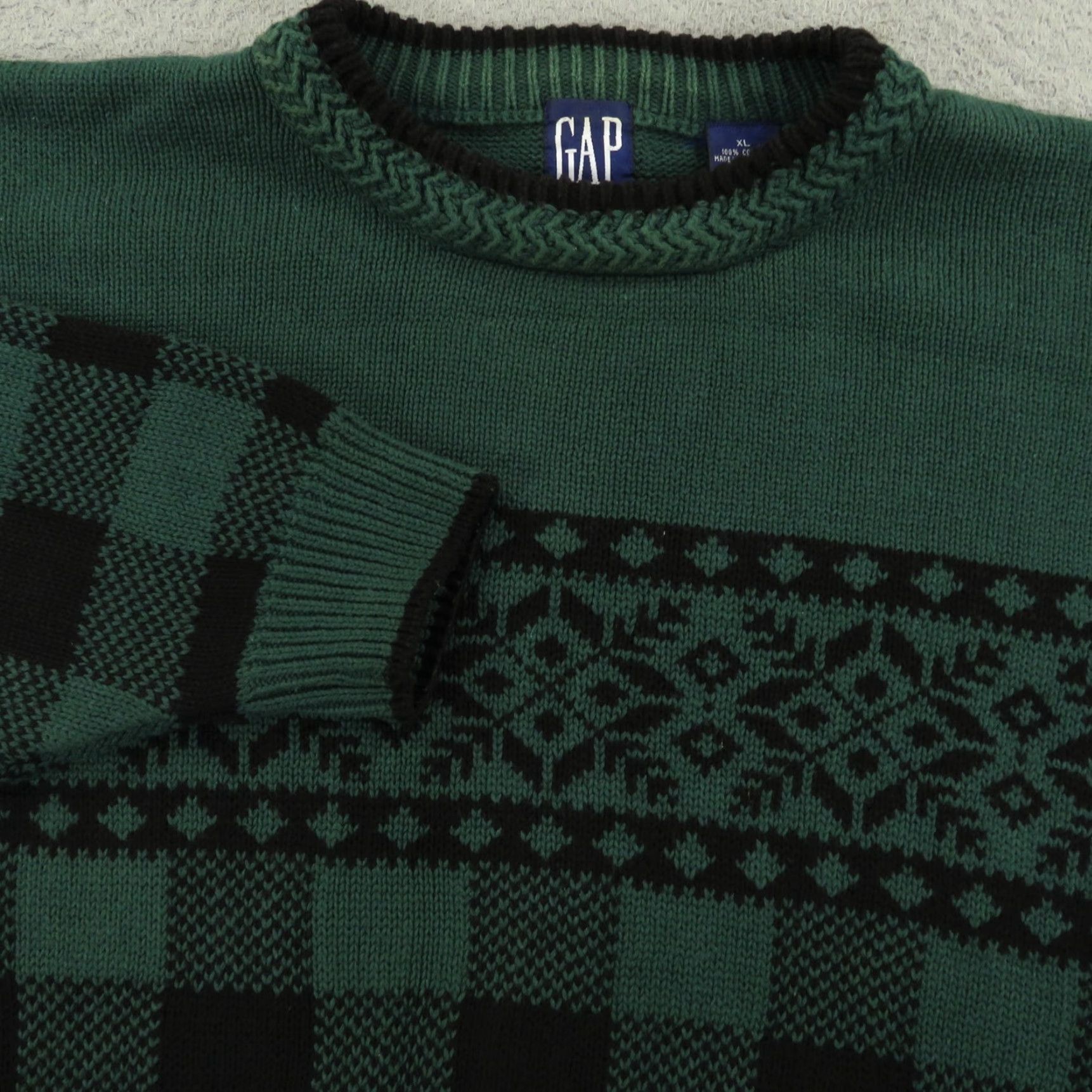 Gap Gap Sweater Men XL Crewneck Fair Isle Vintage 90s Pullover Knit Cotton Green Long Sleeve Chunky Pattern: Fair Isle Size US XL / EU 56 / 4 - 2 Thumbnail