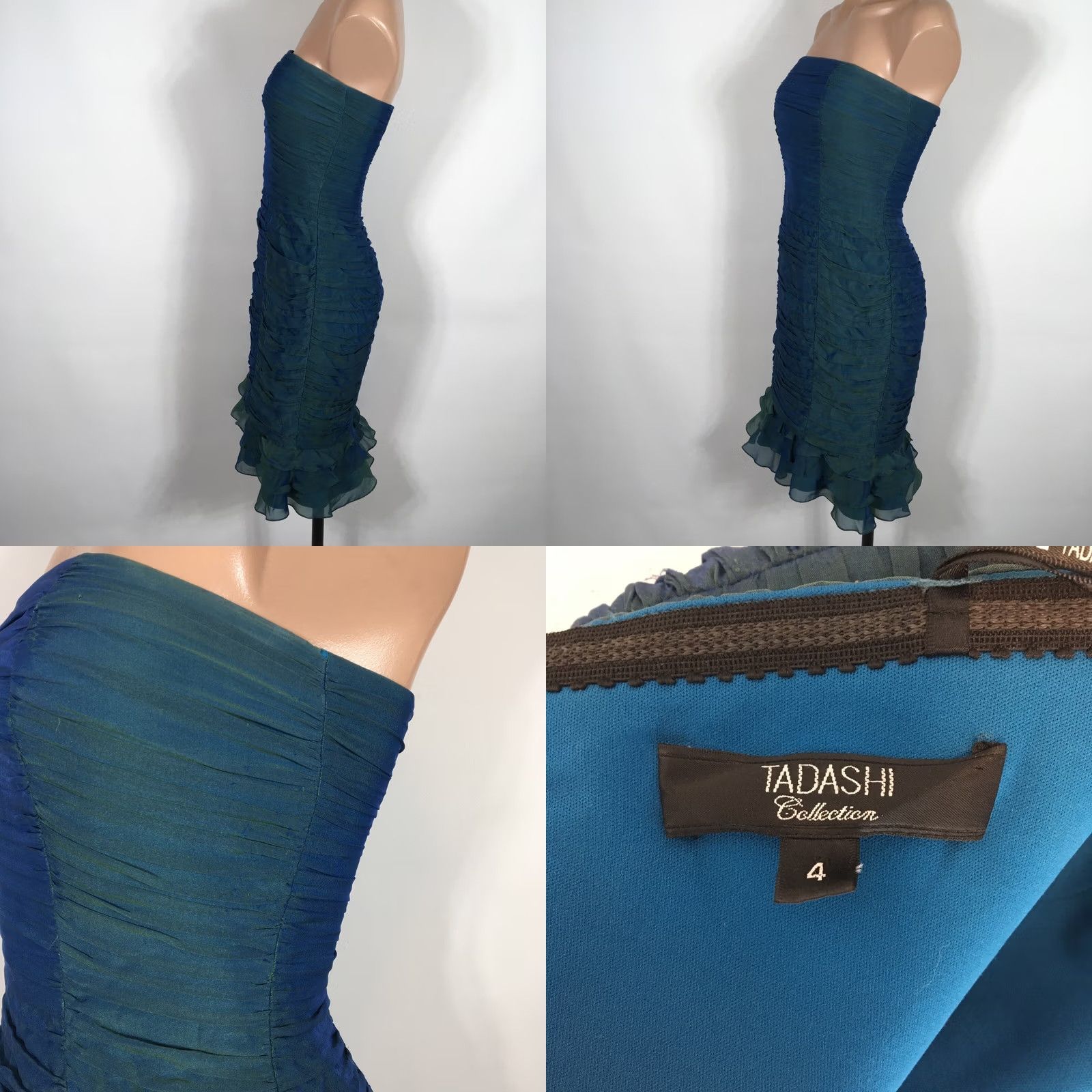 Tadashi Shoji VINTAGE TADASHI COLLECTION 100% SILK Mermaid DRESS 4 Sweetheart Ruched Ruffle Green Blue Womens Size S / US 4 / IT 40 - 8 Thumbnail