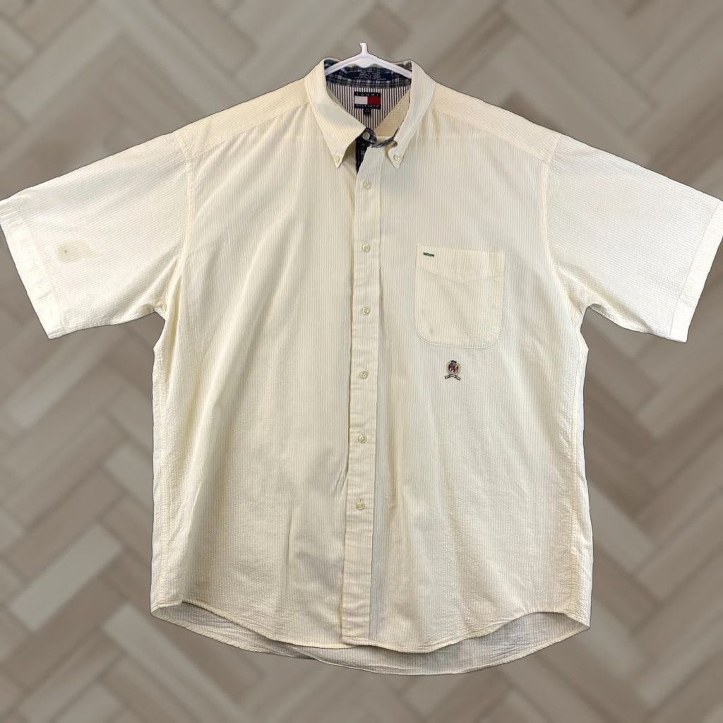 Tommy Hilfiger Tommy Hilfiger Button-Up Shirt Adult XL Yellow Blue Short Sleeve Cotton Light Stripes Casual Mens Size US XL / EU 56 / 4 - 1 Thumbnail