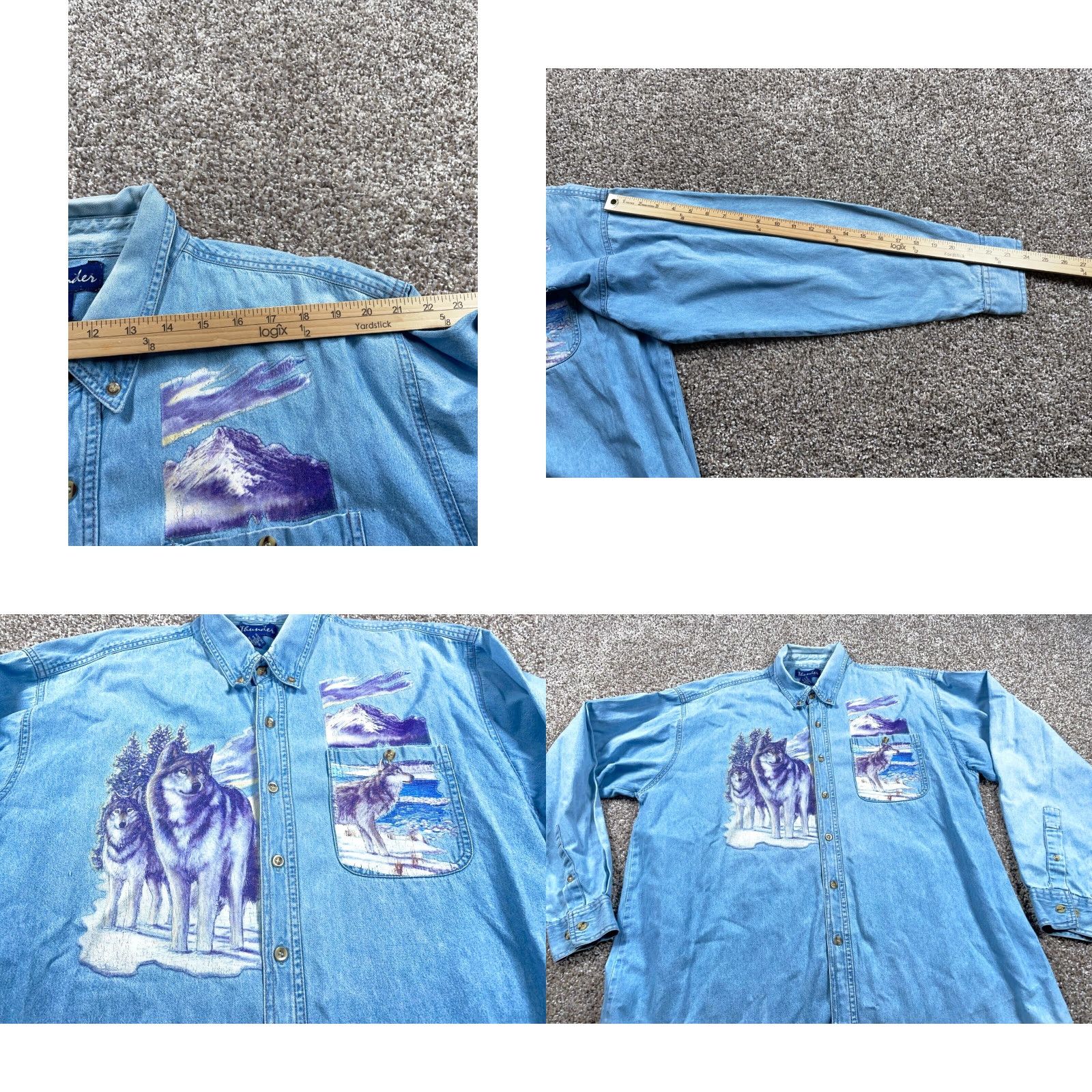 Vintage Thunder Denim Shirt Men's XL Blue 90s Wolves Scenic Graphic Print Button-Up Shirt by Thunder Size US XL / EU 56 / 4 - 8 Thumbnail
