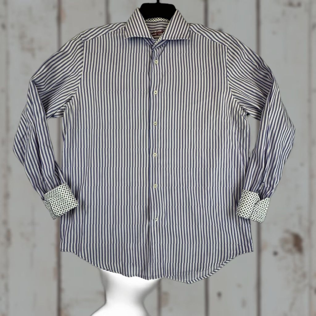 Robert Graham Robert Graham Shirt Mens Medium Purple Blue Stripe Contrast Cuff Cotton 15.5 39 Size US M / EU 48-50 / 2 - 1 Thumbnail