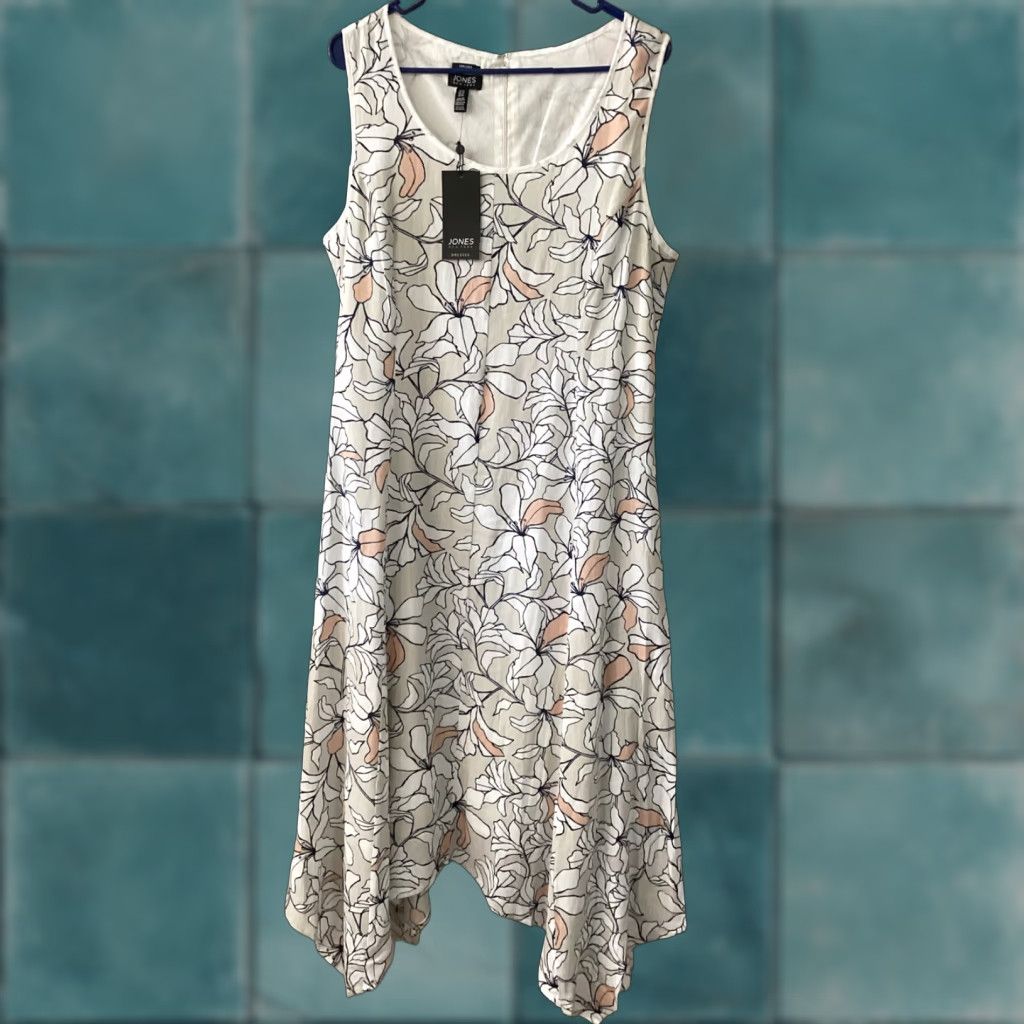 Jones New York Jones New York Linen Dress Women 12 Handkerchief Hem Sleeveless Floral Stone Combo Beige Knee Length A-Line Zip Placeholder? Size XL / US 12-14 / IT 48-50 - 1 Thumbnail