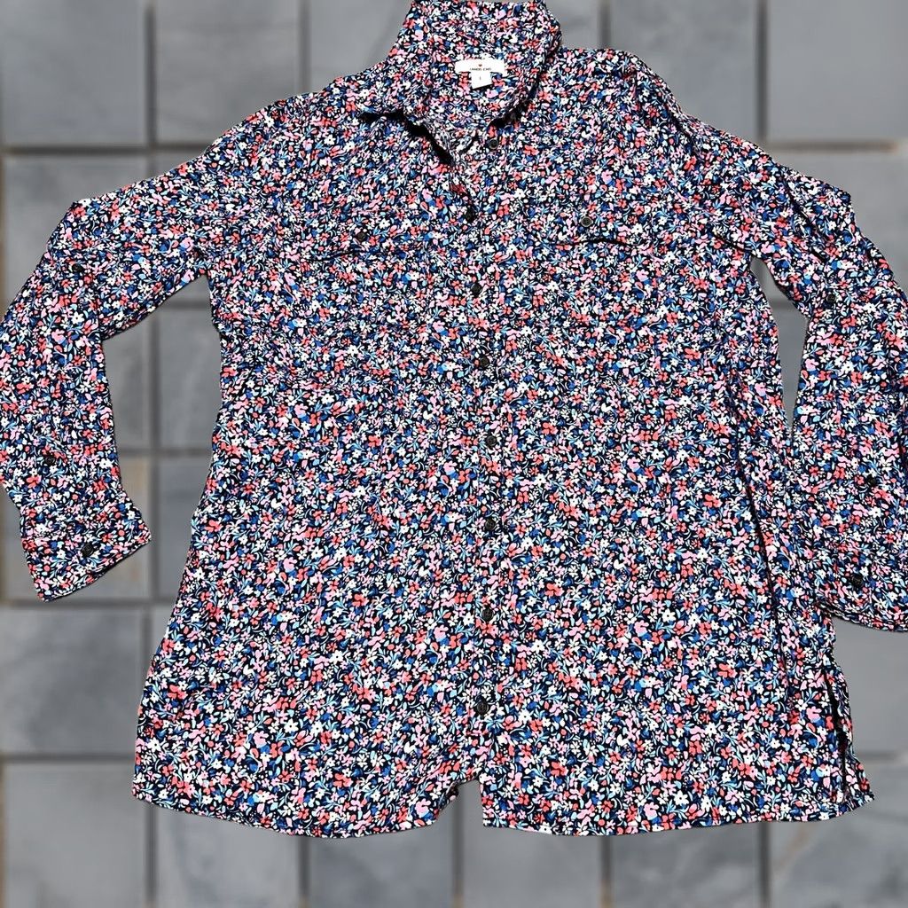 Vintage Draper James Lands' End Shirt Womens Large L Button-Up Cottagecore Floral Linen Blue Women's L Regular Size L / US 10 / IT 46 - 1 Thumbnail