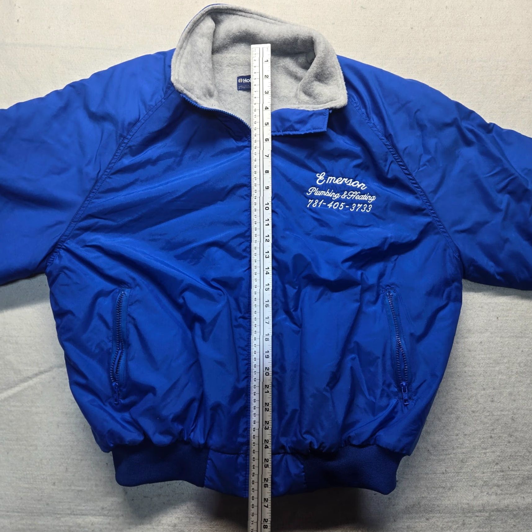 Holloway VINTAGE Holloway Emerson Plumbing & Heating Varsity Jacket Nylon Lined Men's XL Blue 80s Classic Football Style Snap Front Pockets Size US L / EU 52-54 / 3 - 7 Thumbnail