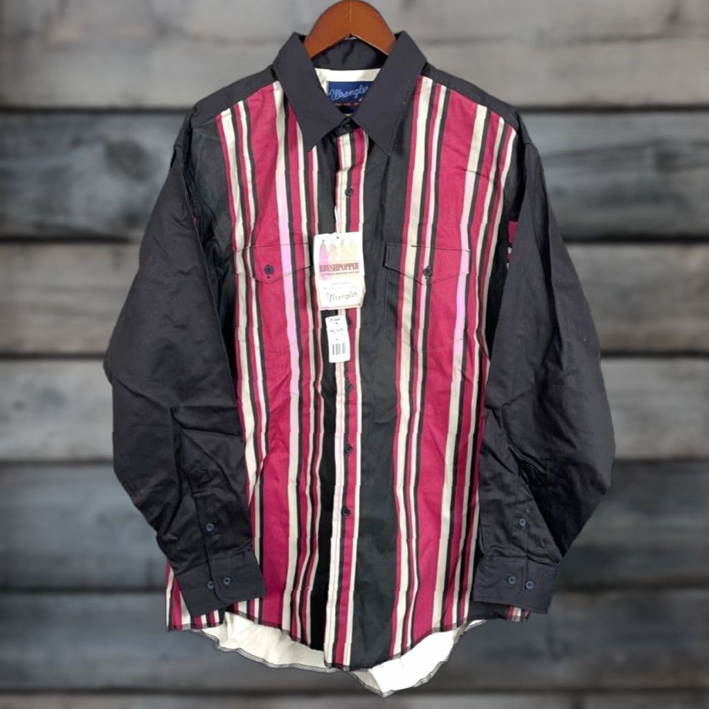 Wrangler VINTAGE Wrangler Brushpopper Striped Shirt Men's XL Black Dark Pink X-Long Tails Size US XL / EU 56 / 4 - 1 Thumbnail
