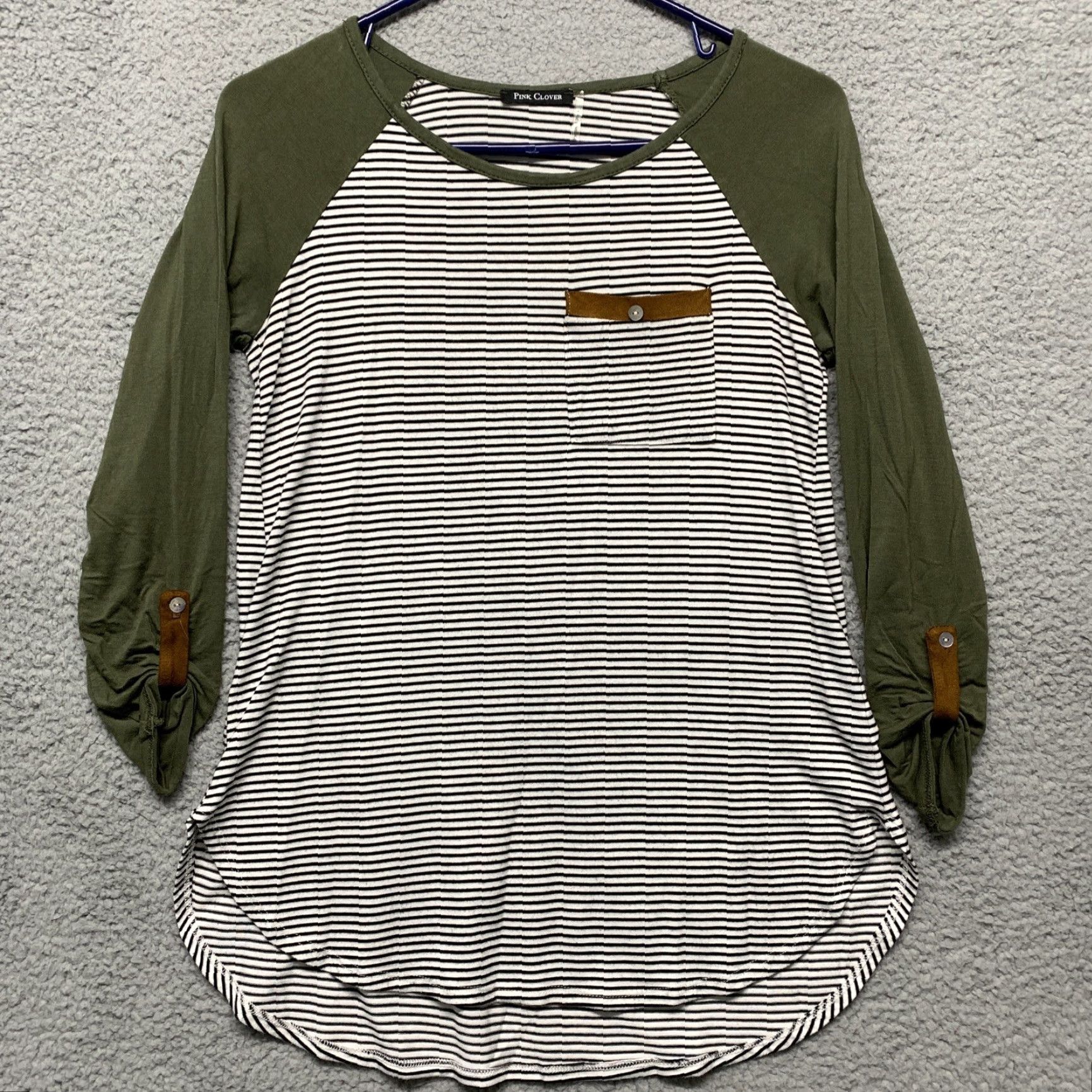 Vintage Pink Clover 3/4 Sleeve Pullover Womens Solid Green w/White & Black Stripes XS Shirt Size XS / US 0-2 / IT 36-38 - 2 Thumbnail
