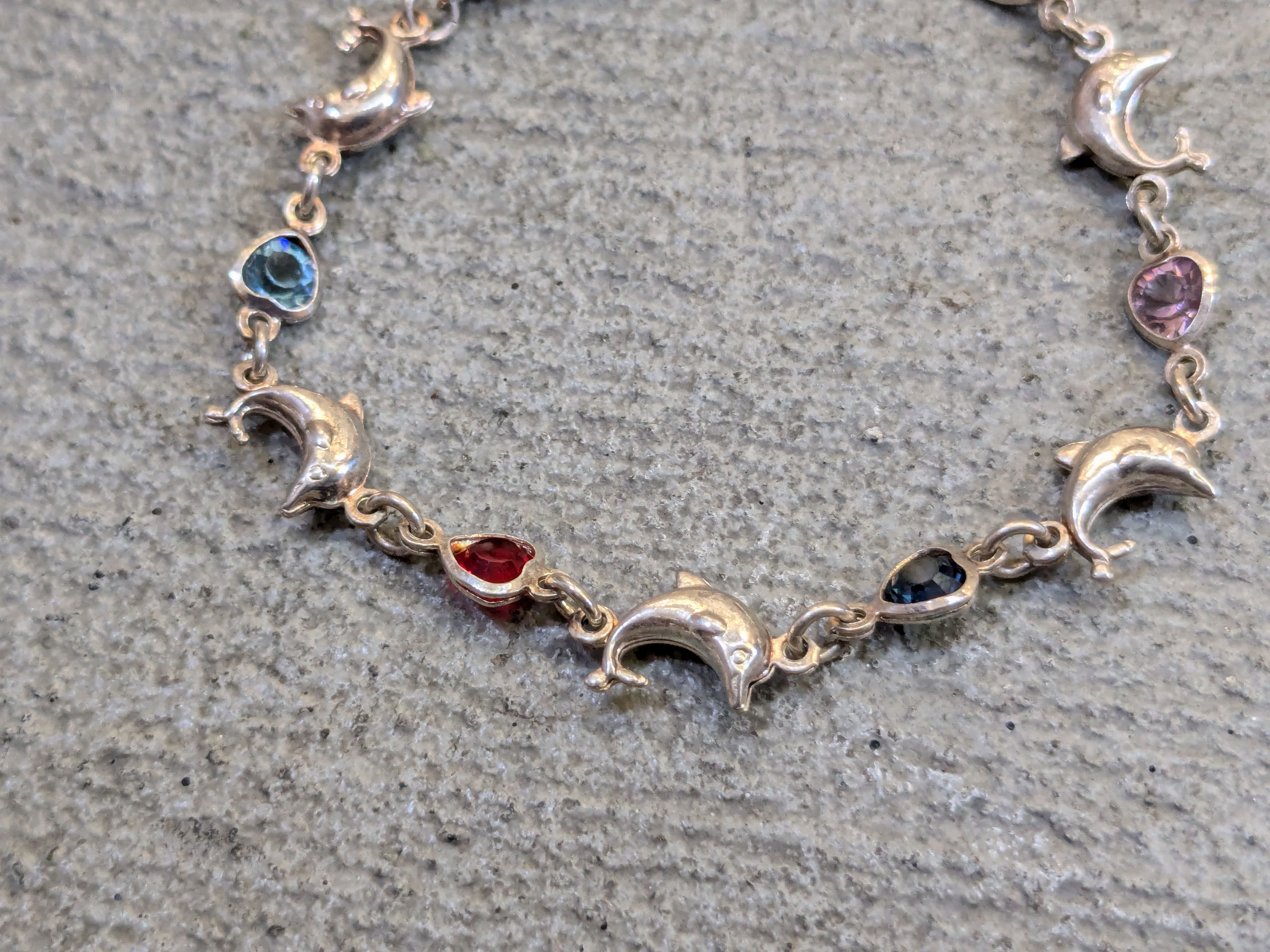 Jewelry Vintage Sterling Silver Bracelet 7.25" Heart Dolphin Rainbow Size ONE SIZE - 2 Thumbnail
