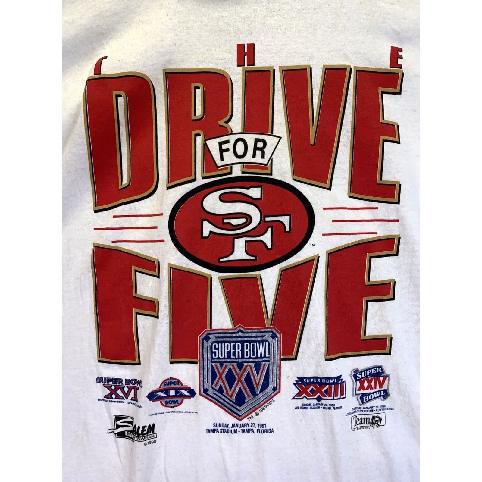 Salem Sportswear VINTAGE 1991 The Drive For Five San Francisco Super Bowl XXV Salem Sportswear Graphic Tee XL White Men Short Sleeve Cotton NWD-8710 Size US XL / EU 56 / 4 - 5 Thumbnail