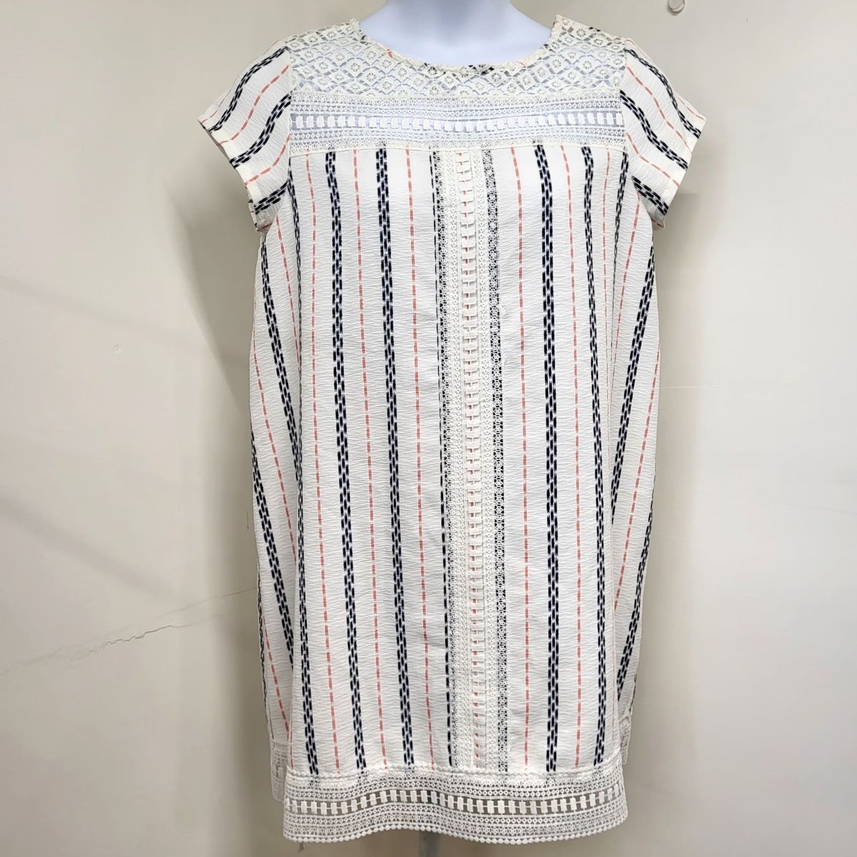 Vintage Xhilaration Dress Women's XL Red White Blue Vertical Striped Lace Trimmed Casual Short Sleeve Size XL / US 12-14 / IT 48-50 - 4 Thumbnail