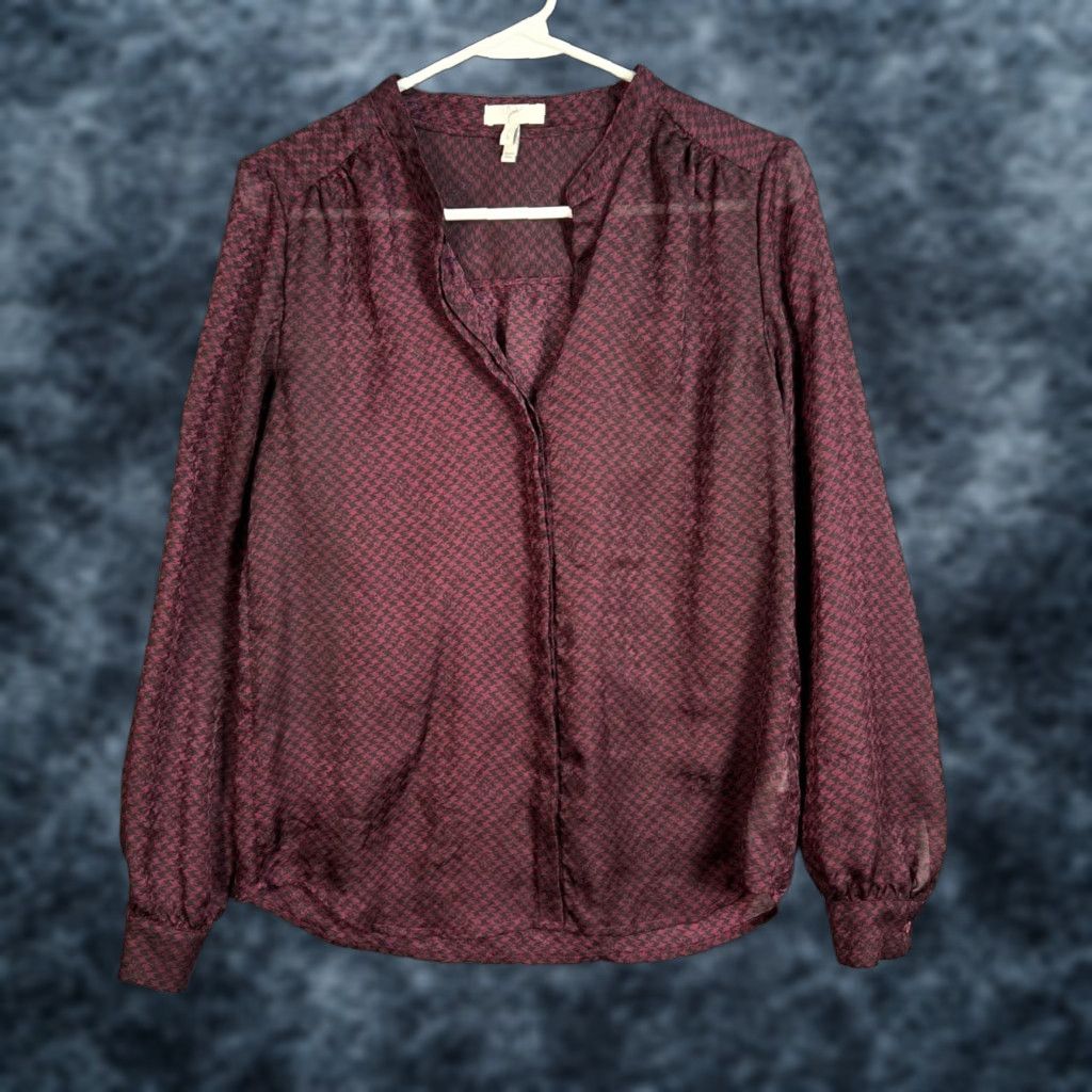 Joie VINTAGE Joie Womens Small Burgundy & Black Houndstooth Button-Up Blouse Shirt Size S / US 4 / IT 40 - 1 Thumbnail