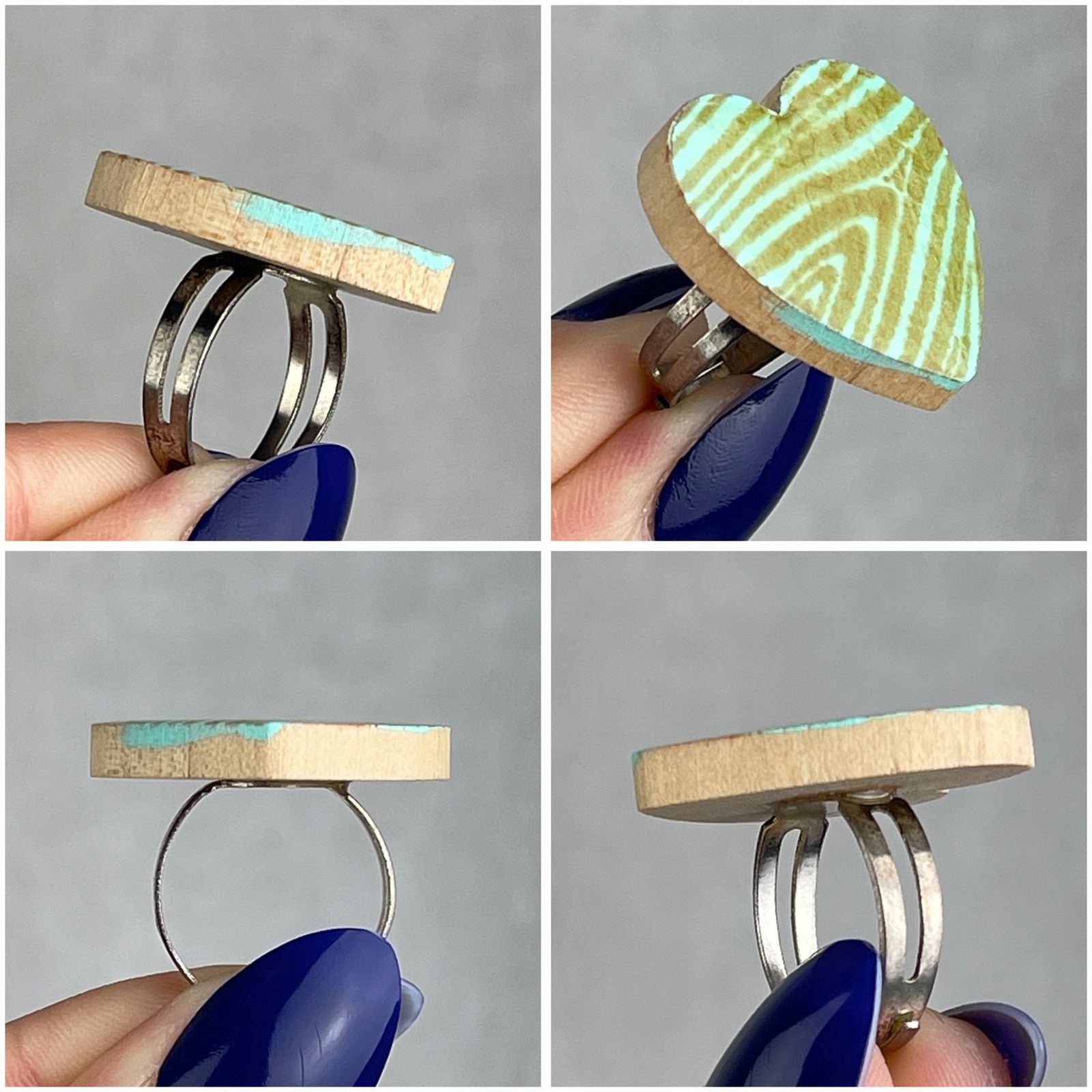Handmade Steppie Co. Wooden Heart Adjustable Ring Mint Green Striped Size ONE SIZE - 24 Thumbnail