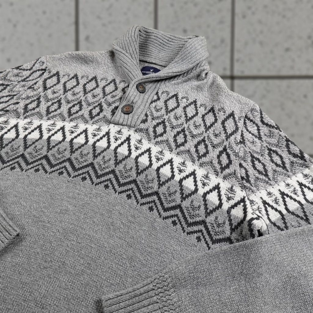 American Eagle Outfitters American Eagle Outfitters Sweater Mens L Gray Fair Isle Nordic Shawl Henley Sweatshirt Size US L / EU 52-54 / 3 - 1 Thumbnail