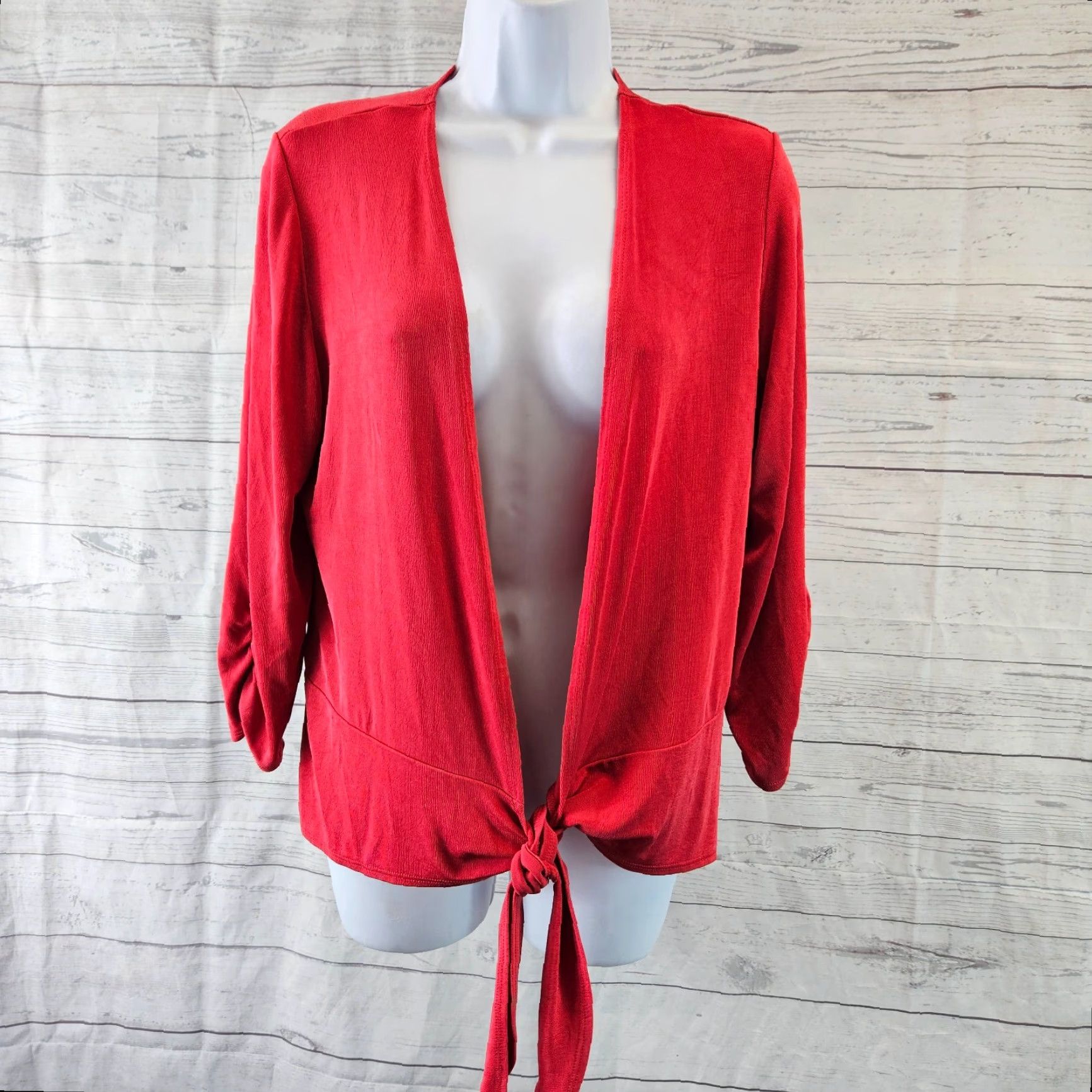 Vintage Chico's Travelers Cardigan Women Medium Solid Red 3/4 Sleeve Tie Front Satin Acetate Knit Sweater Mens? Size M / US 6-8 / IT 42-44 - 2 Thumbnail