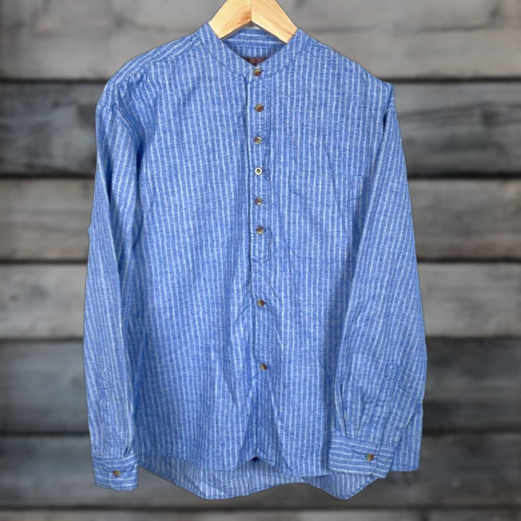 Lee Lee Valley Ireland Grandfather Shirt Men's L Blue Stripe Cotton Band Collar Shirt Size US L / EU 52-54 / 3 - 1 Thumbnail