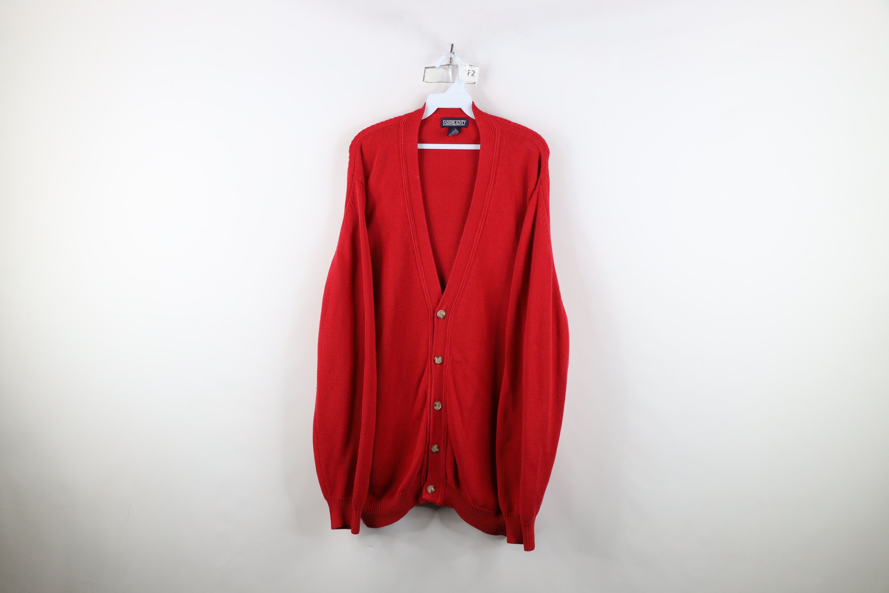 Lands' End Vintage 90s Lands End Cotton Knit Cardigan Sweater Red USA Size US XL / EU 56 / 4 - 1 Thumbnail